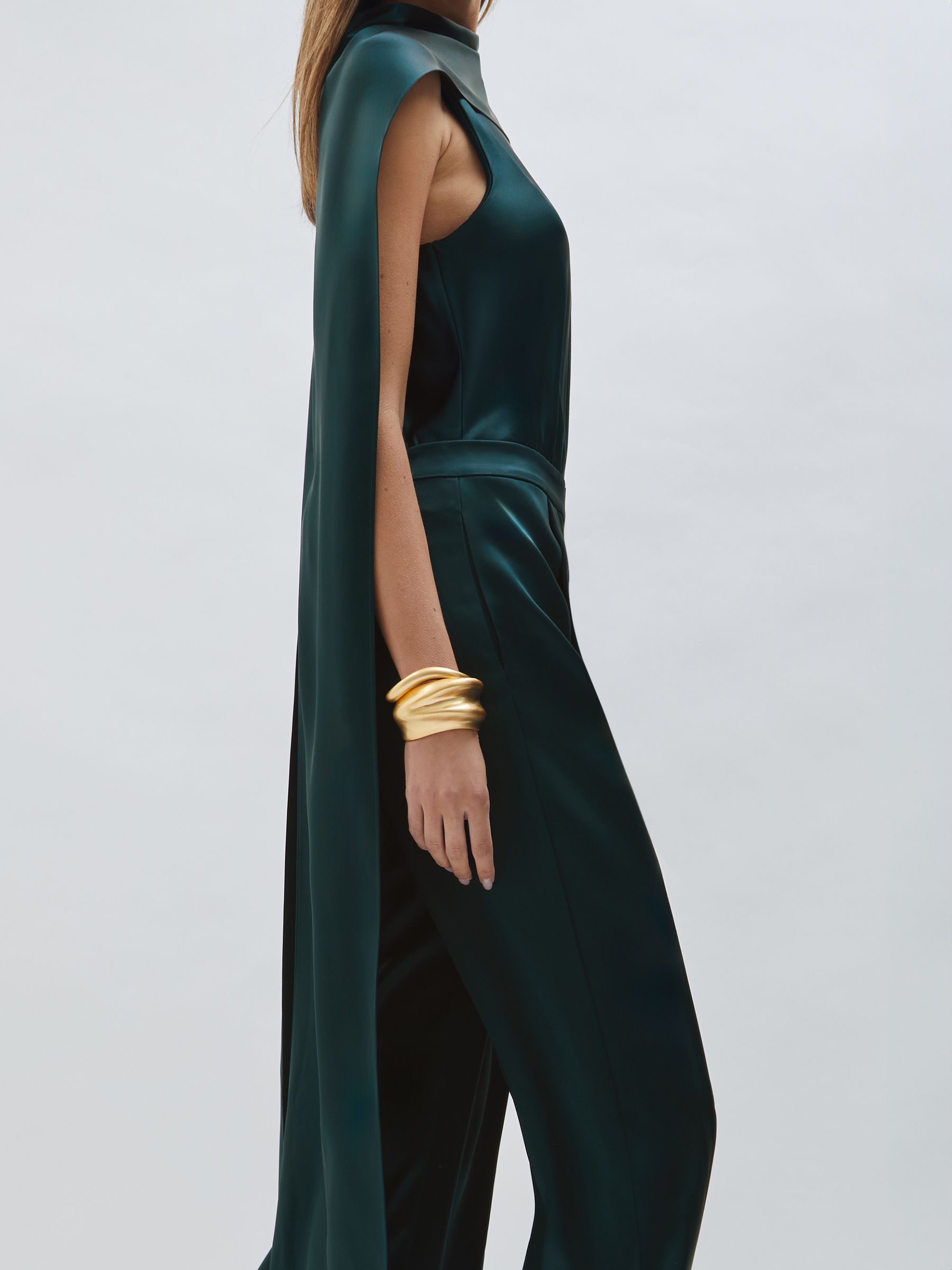 Satin Cape Sash Jumpsuit in Teal Green - Image 7 of 8