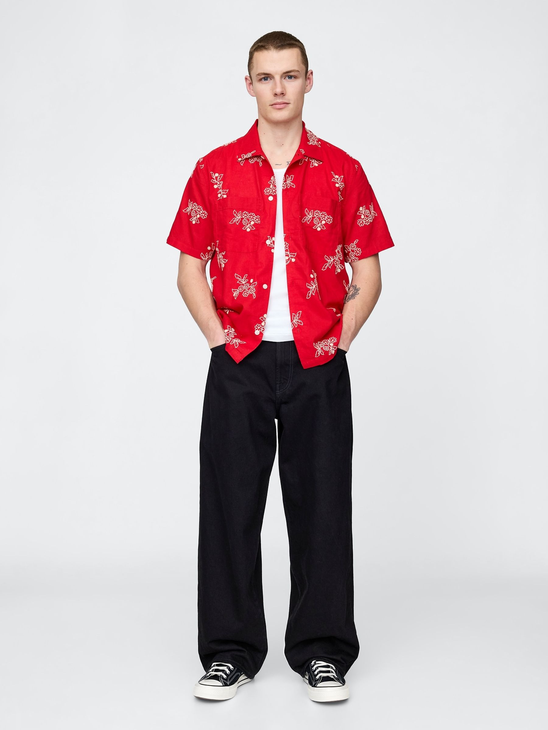Red Floral Linen-Cotton Short Sleeve Shirt - Image 3 of 5