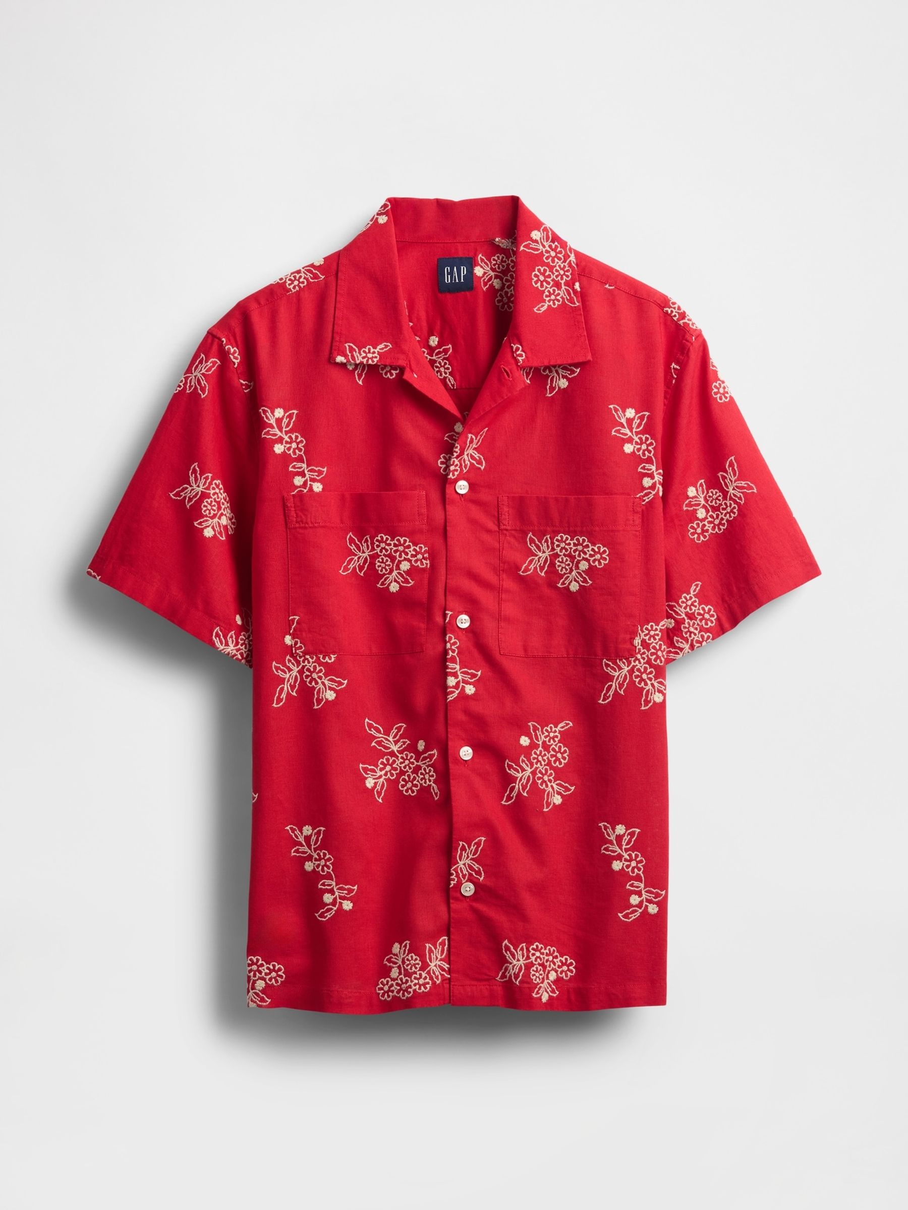Red Floral Linen-Cotton Short Sleeve Shirt - Image 4 of 5