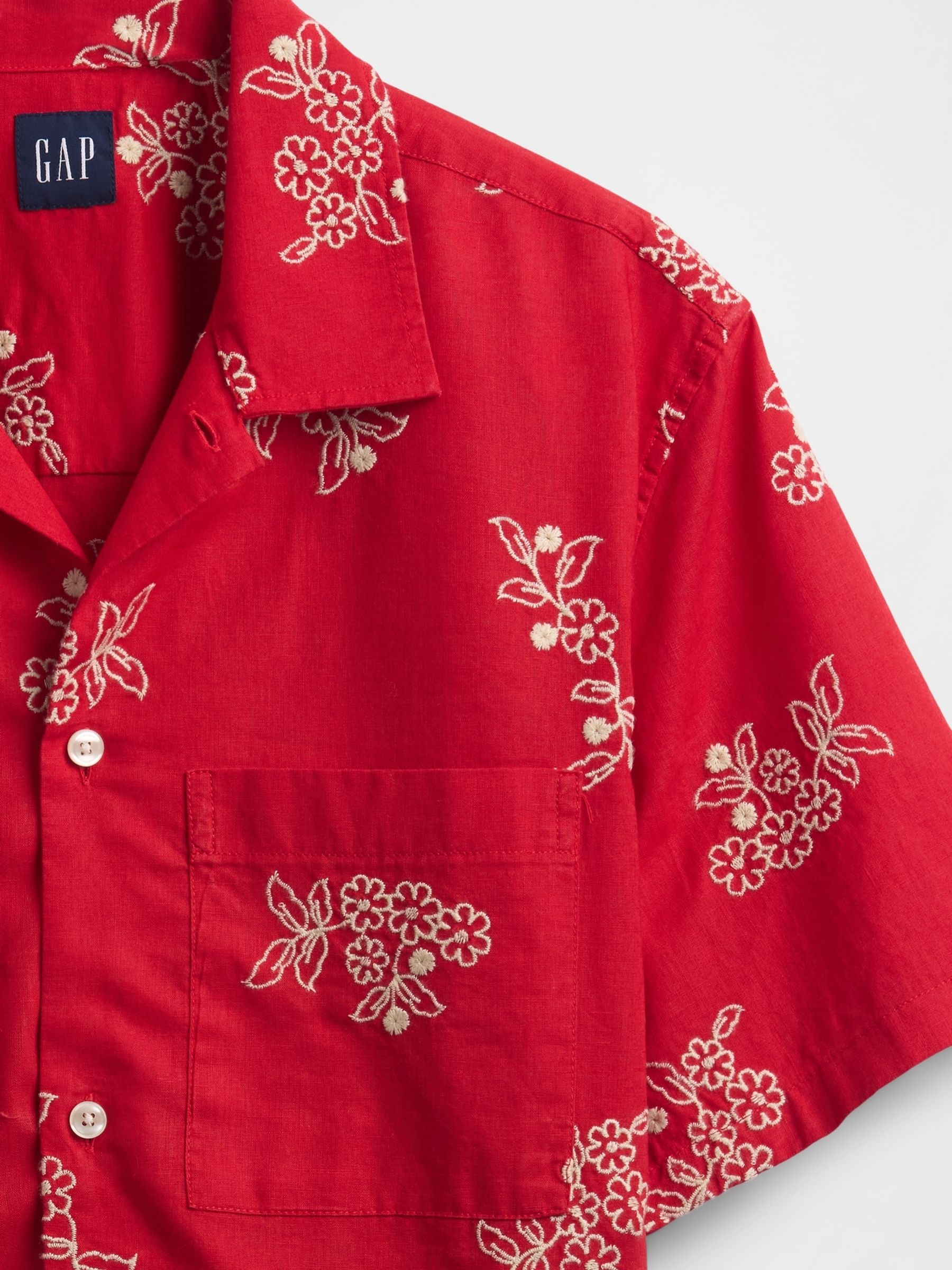 Red Floral Linen-Cotton Short Sleeve Shirt - Image 5 of 5