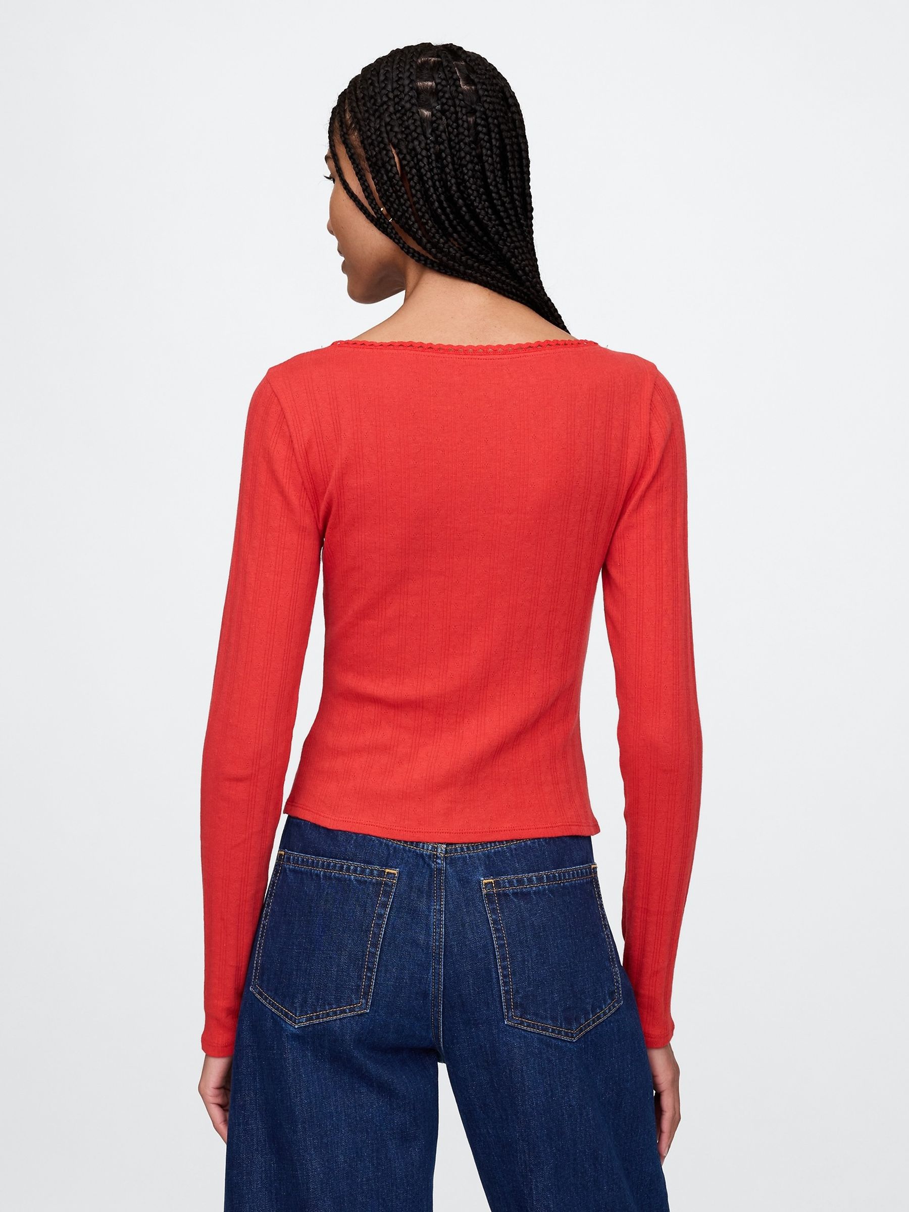 Red Cropped Pointelle Cardigan - Image 2 of 4