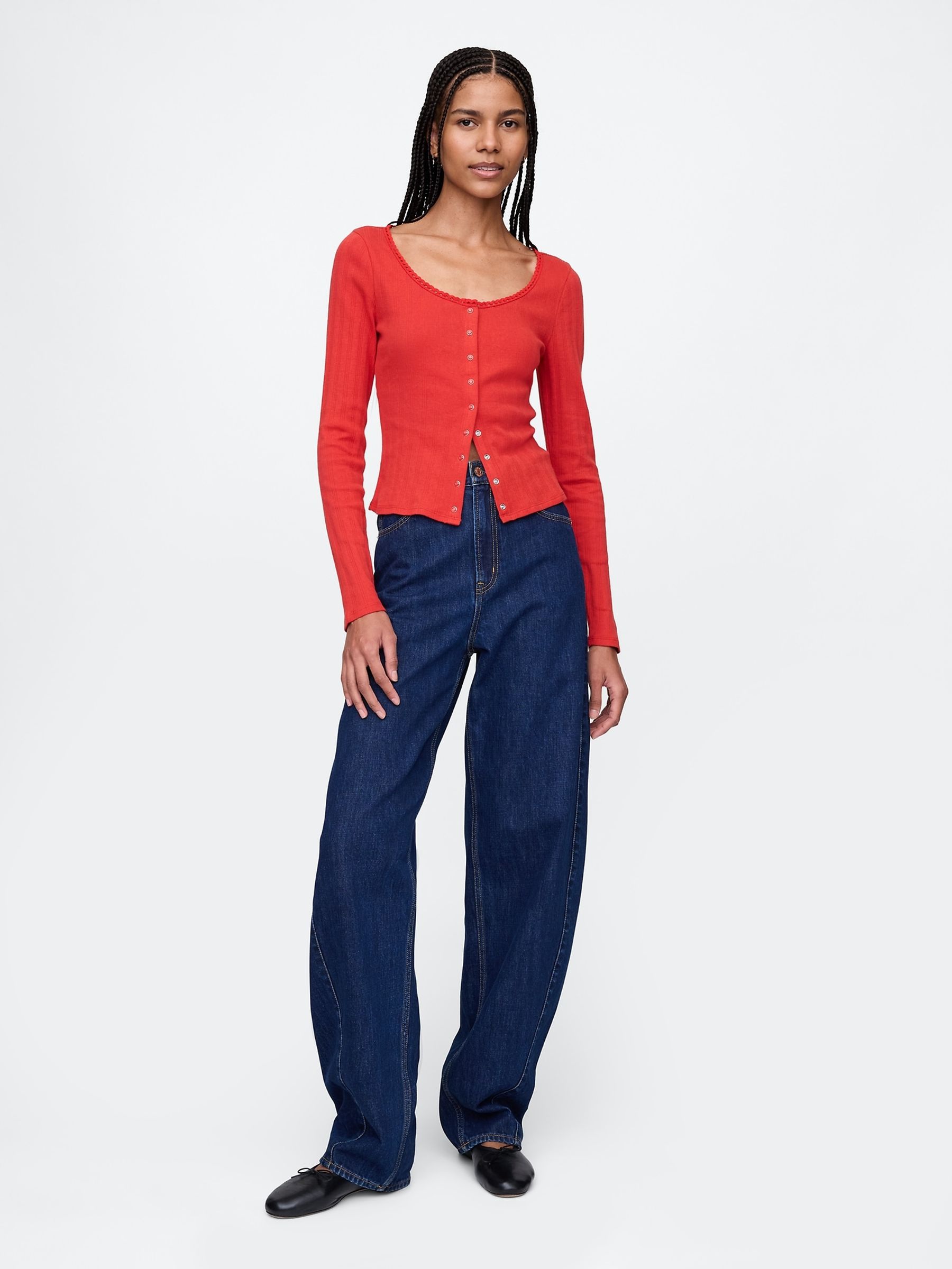 Red Cropped Pointelle Cardigan - Image 3 of 4
