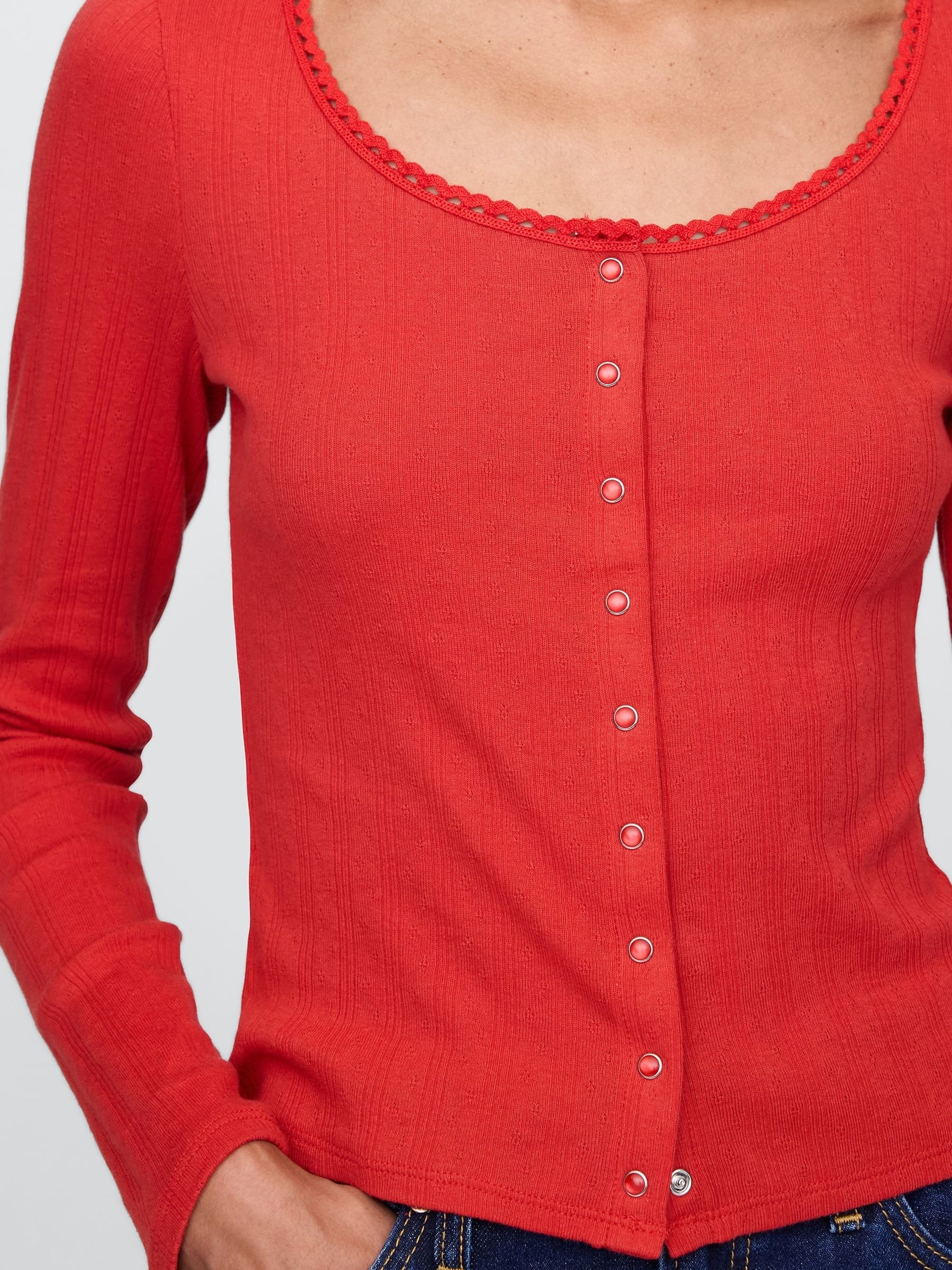 Red Cropped Pointelle Cardigan - Image 4 of 4