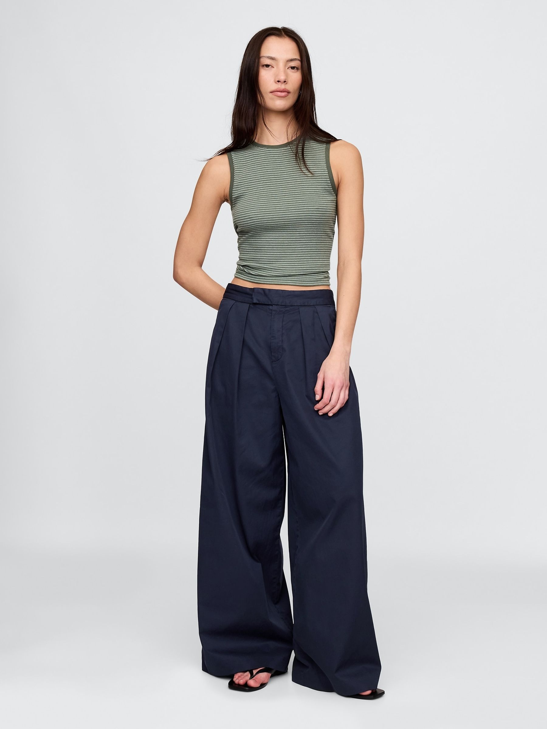 Navy Blue Cotton High Waisted Pleated Wide-Leg Chino Trousers - Image 1 of 7