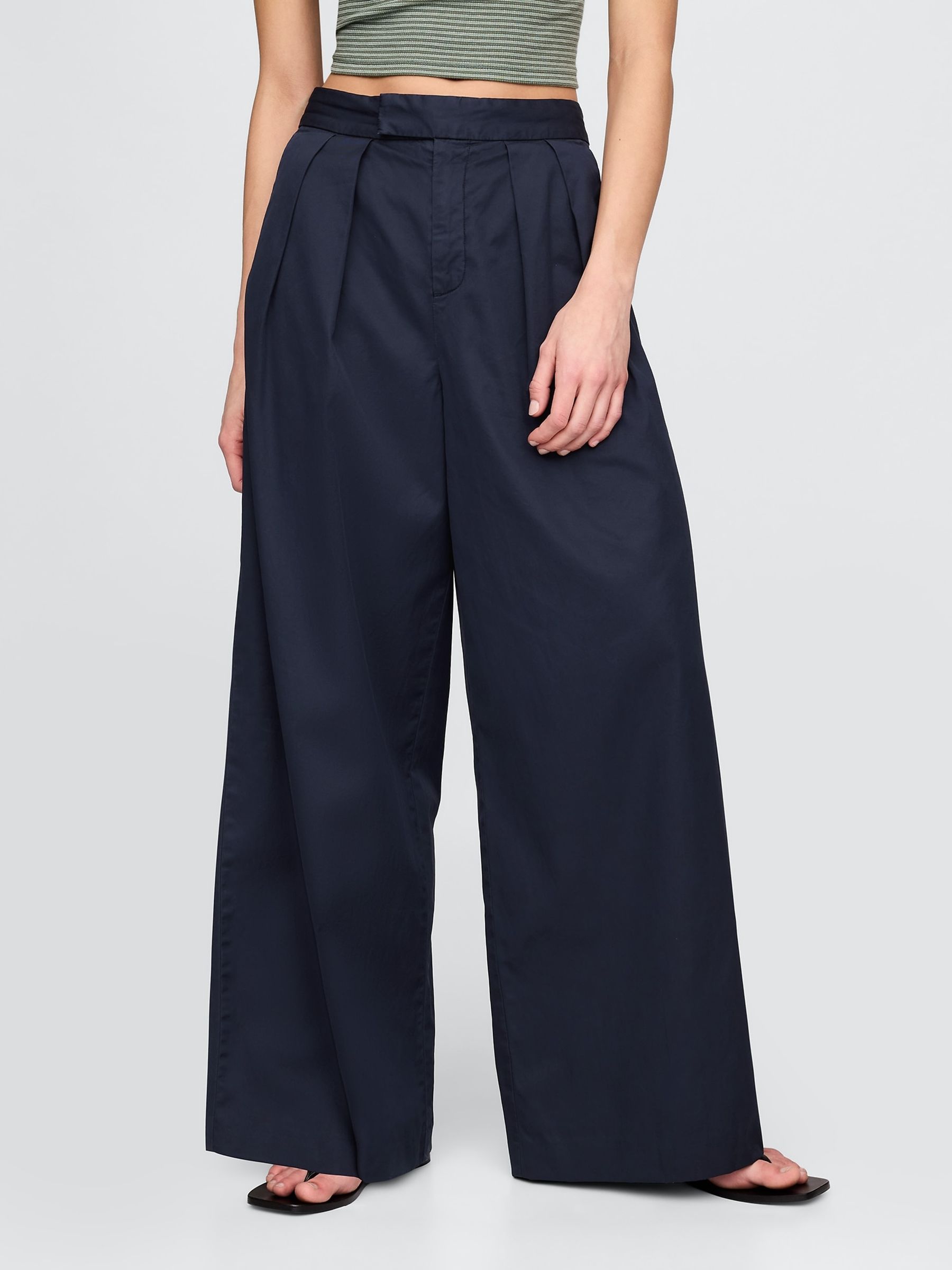 Navy Blue Cotton High Waisted Pleated Wide-Leg Chino Trousers - Image 2 of 7