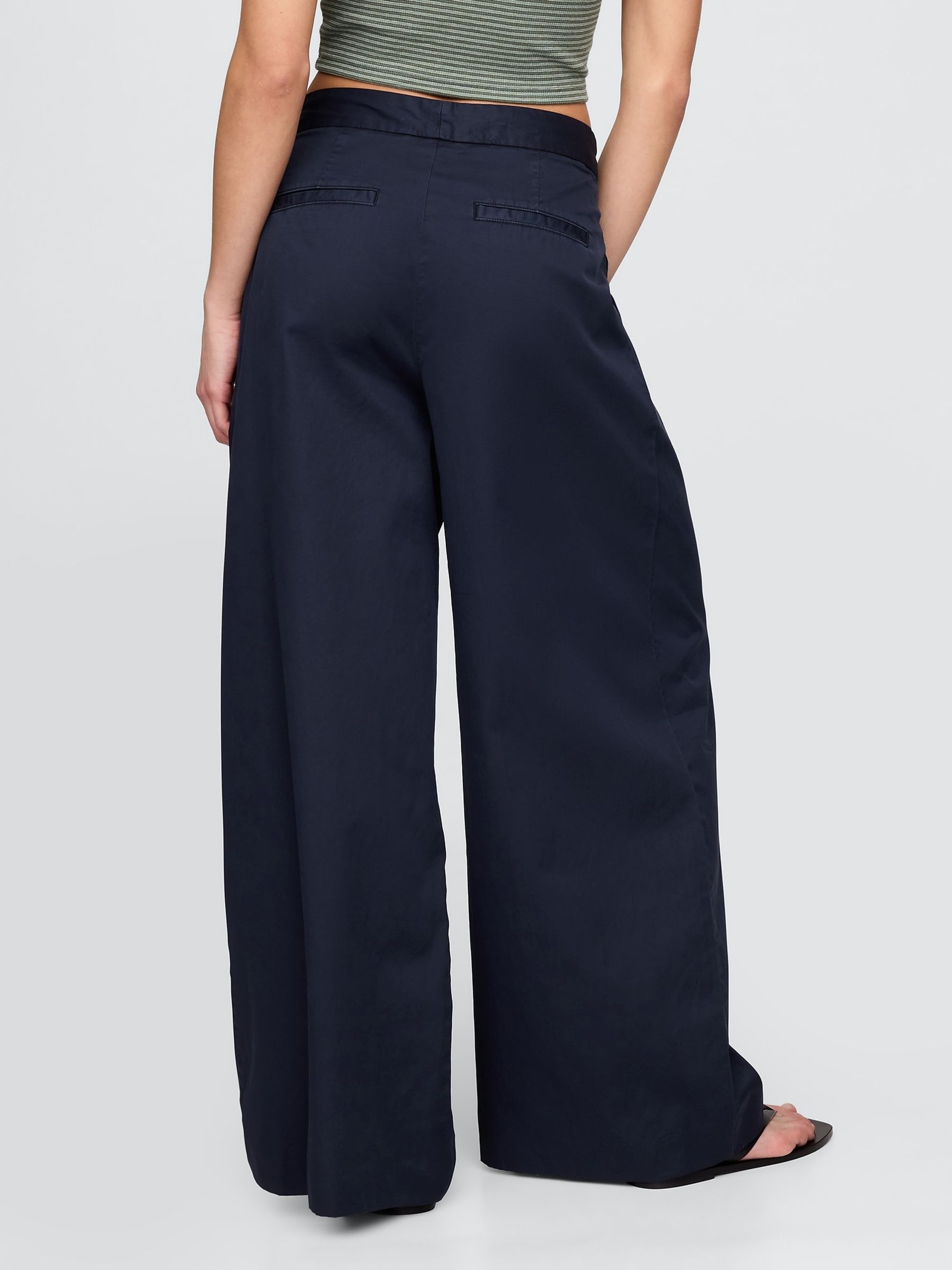 Navy Blue Cotton High Waisted Pleated Wide-Leg Chino Trousers - Image 3 of 7