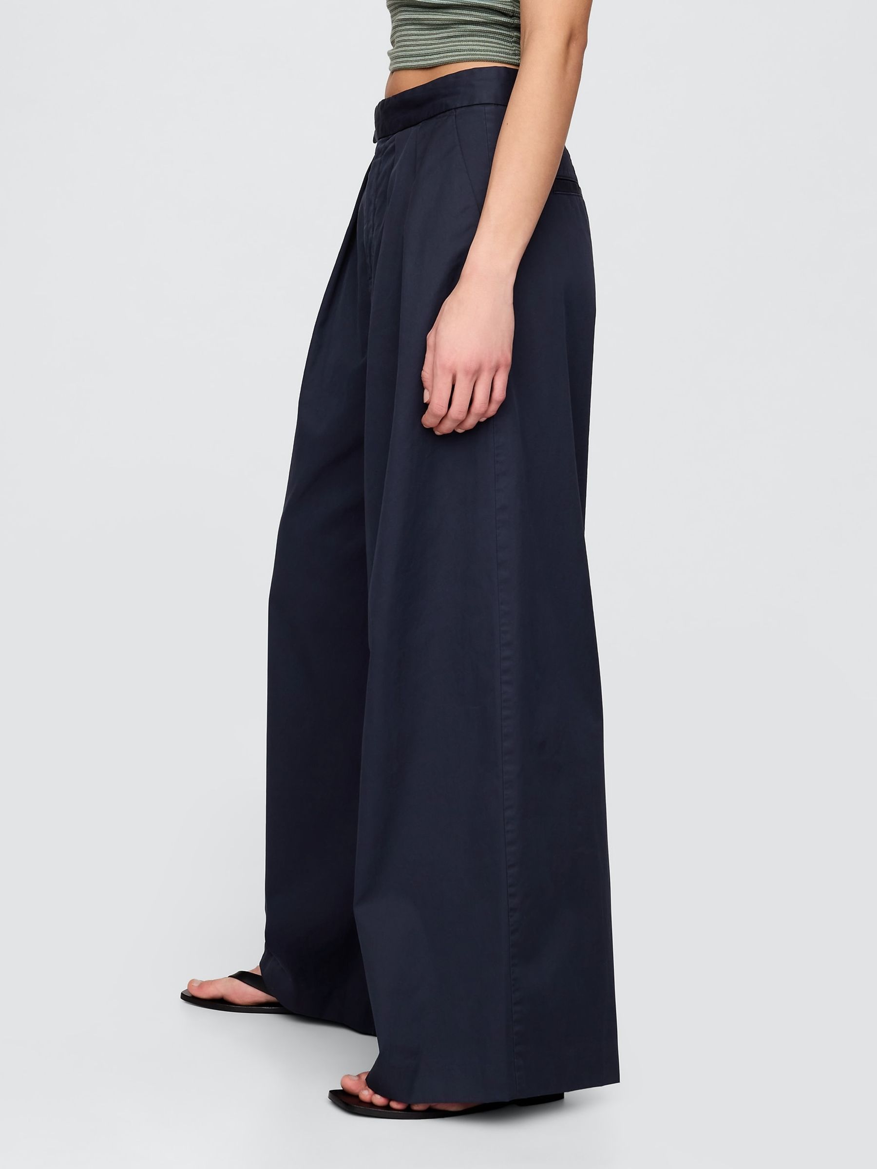 Navy Blue Cotton High Waisted Pleated Wide-Leg Chino Trousers - Image 4 of 7