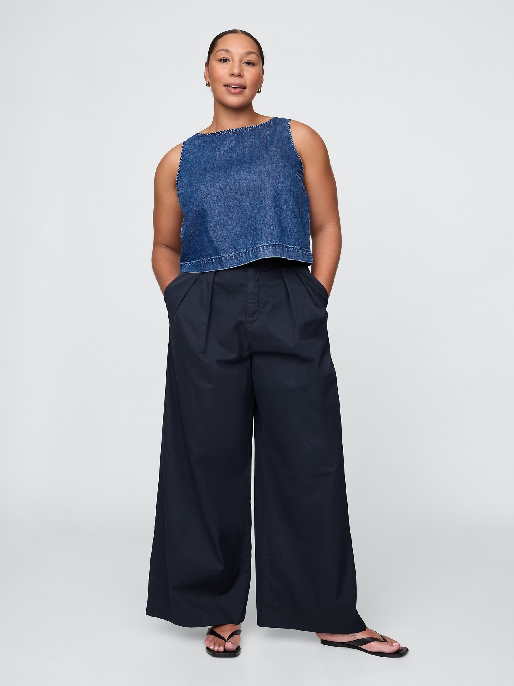 Navy Blue Cotton High Waisted Pleated Wide-Leg Chino Trousers - Image 5 of 7