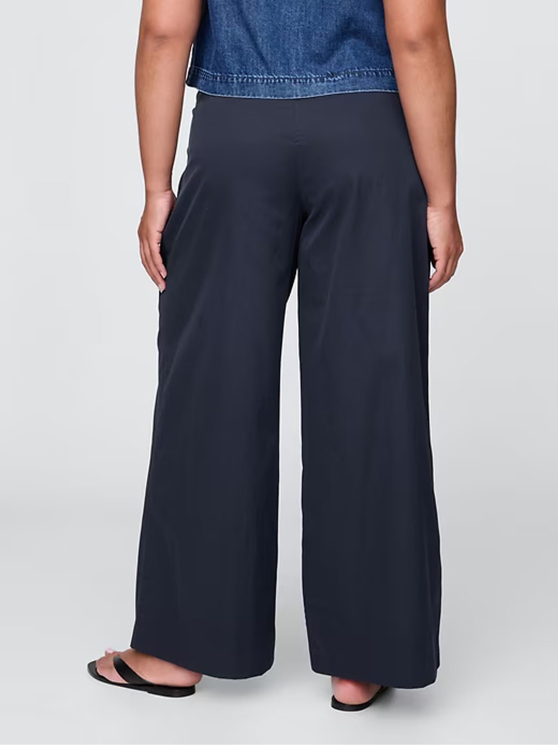 Navy Blue Cotton High Waisted Pleated Wide-Leg Chino Trousers - Image 6 of 7