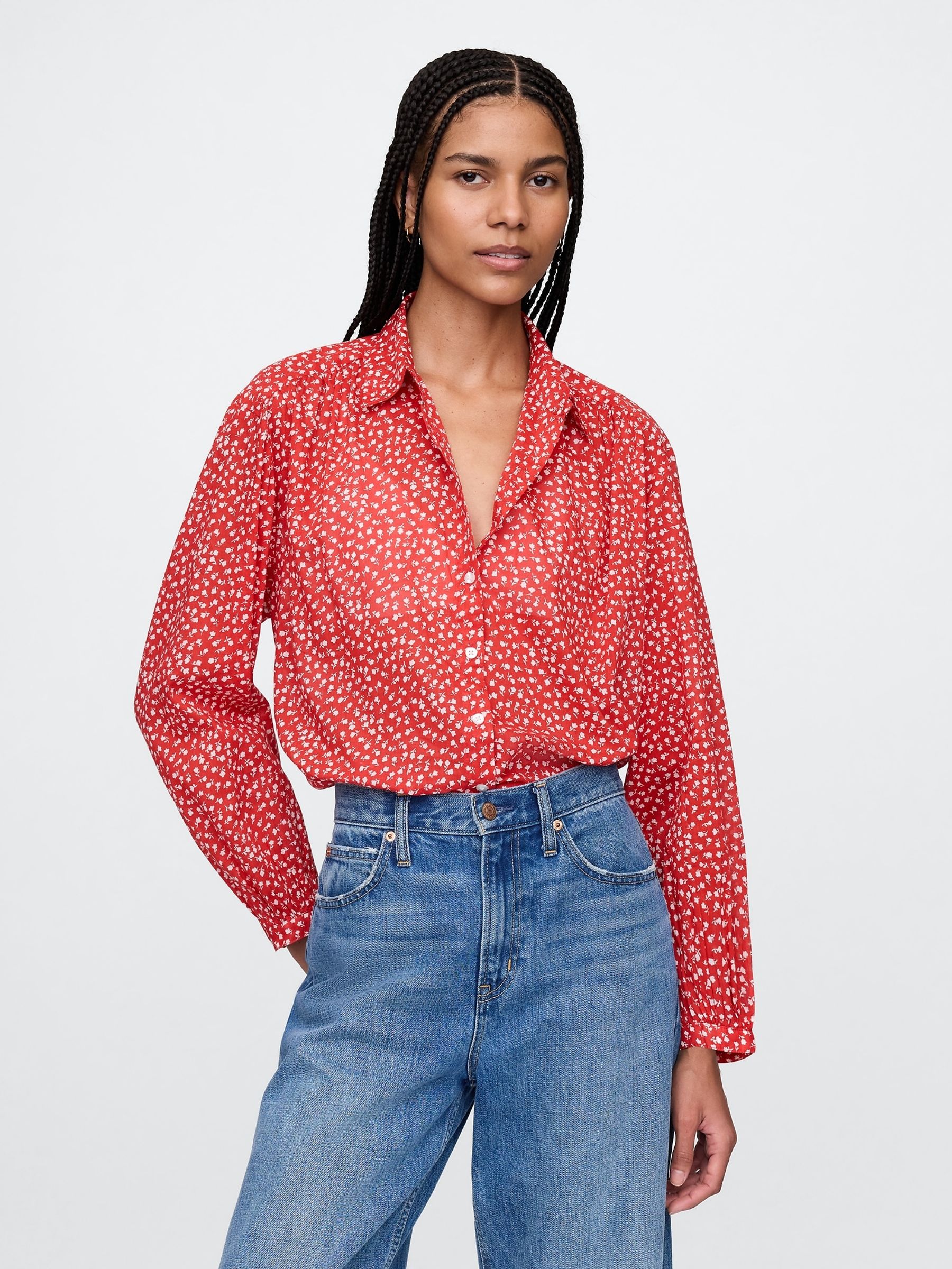 Red Relaxed Button-Front Shirt - Image 1 of 4