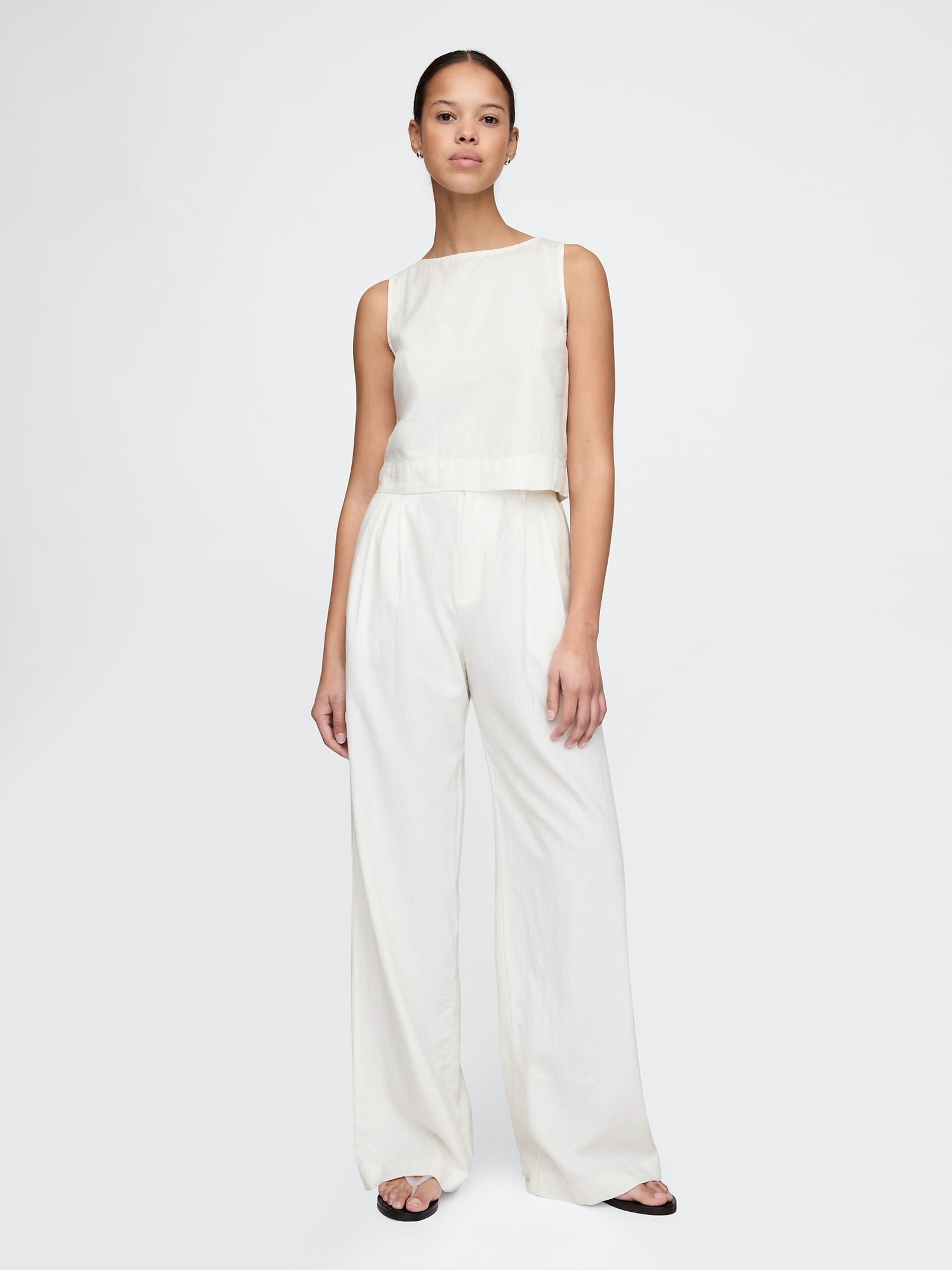 White Wide Leg Heavyweight Linen-Blend Trousers - Image 4 of 7