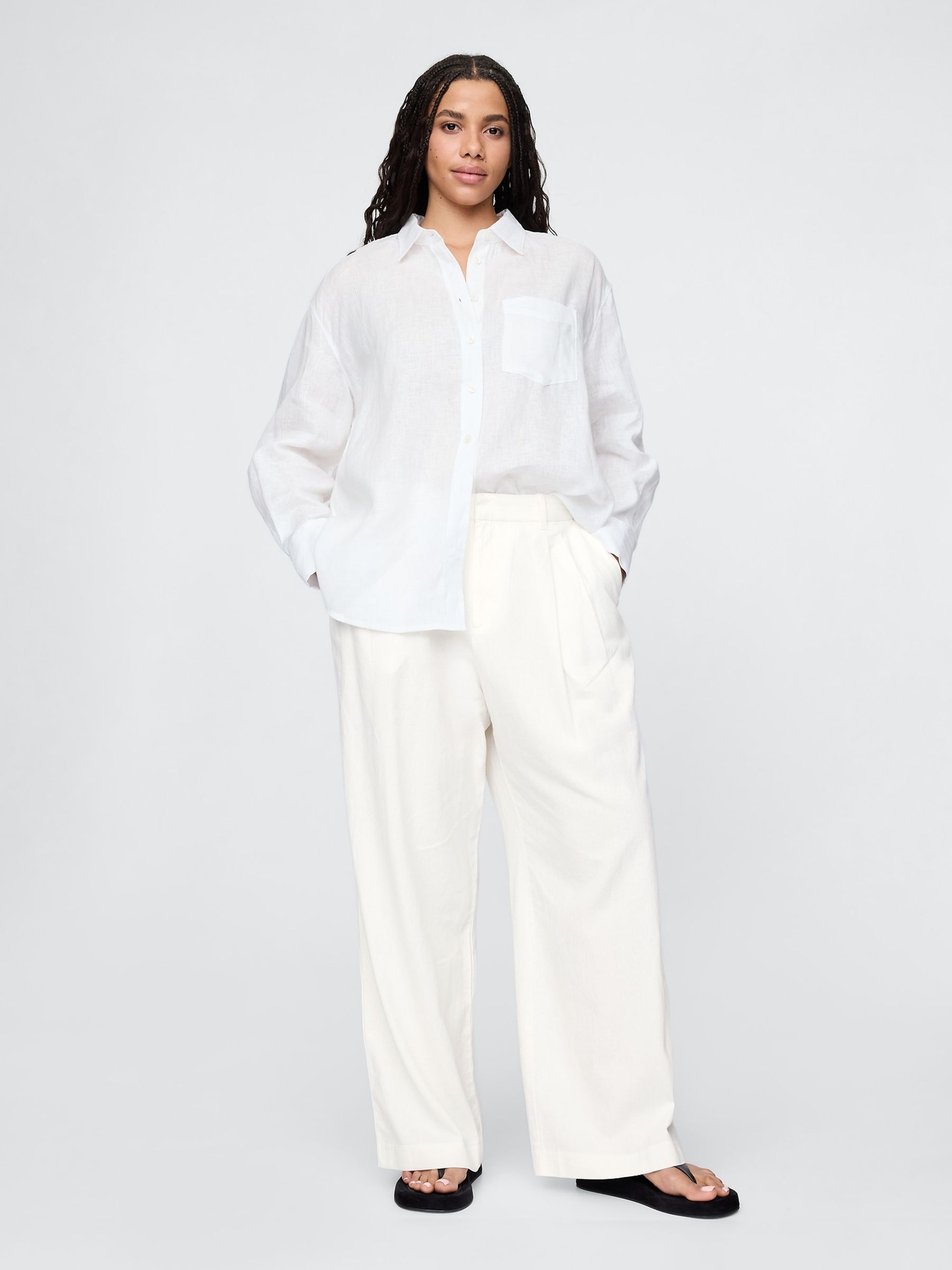 White Wide Leg Heavyweight Linen-Blend Trousers - Image 5 of 7