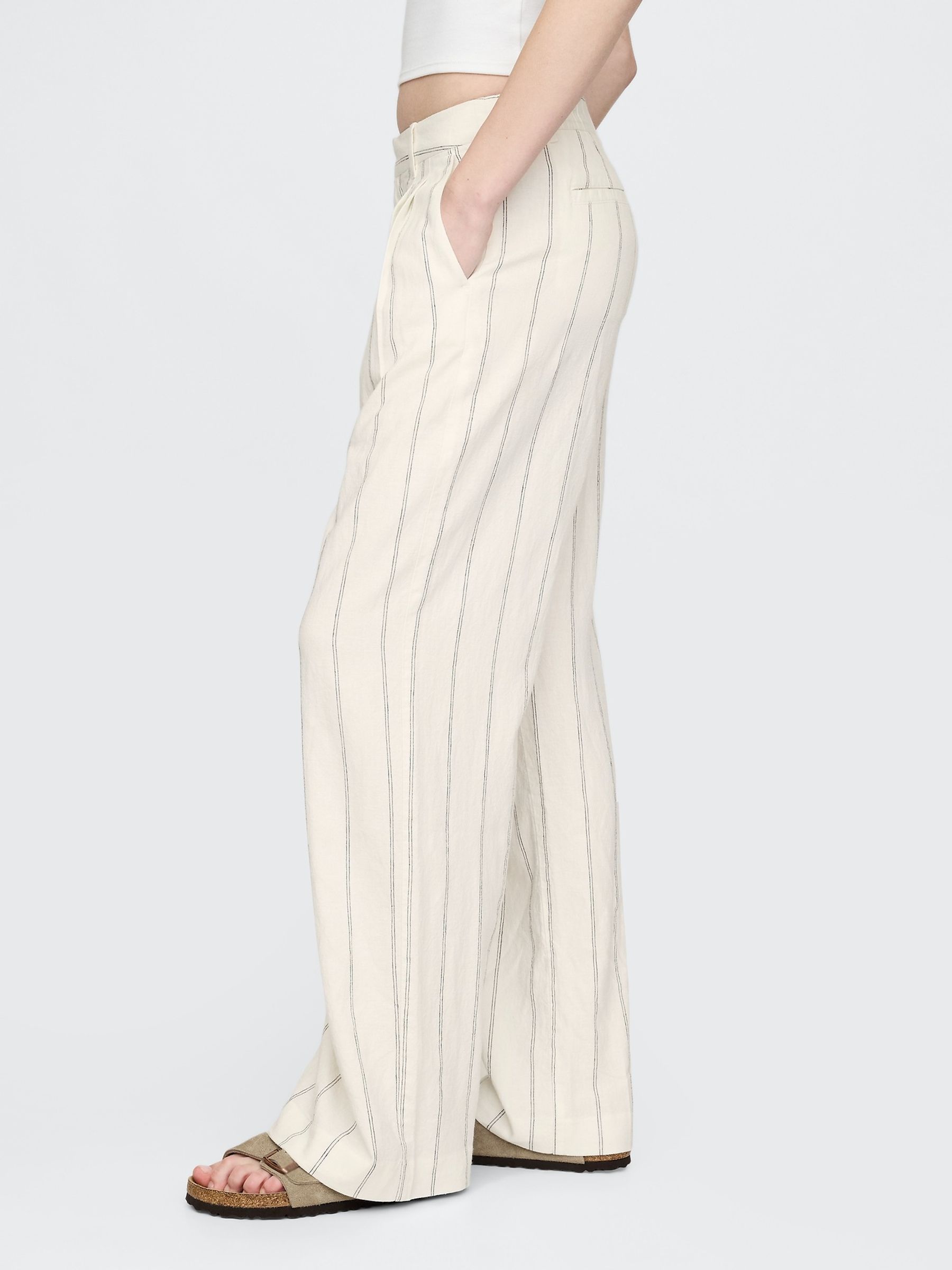 Cream Stripe Wide Leg Heavyweight Linen-Blend Trousers | Gap