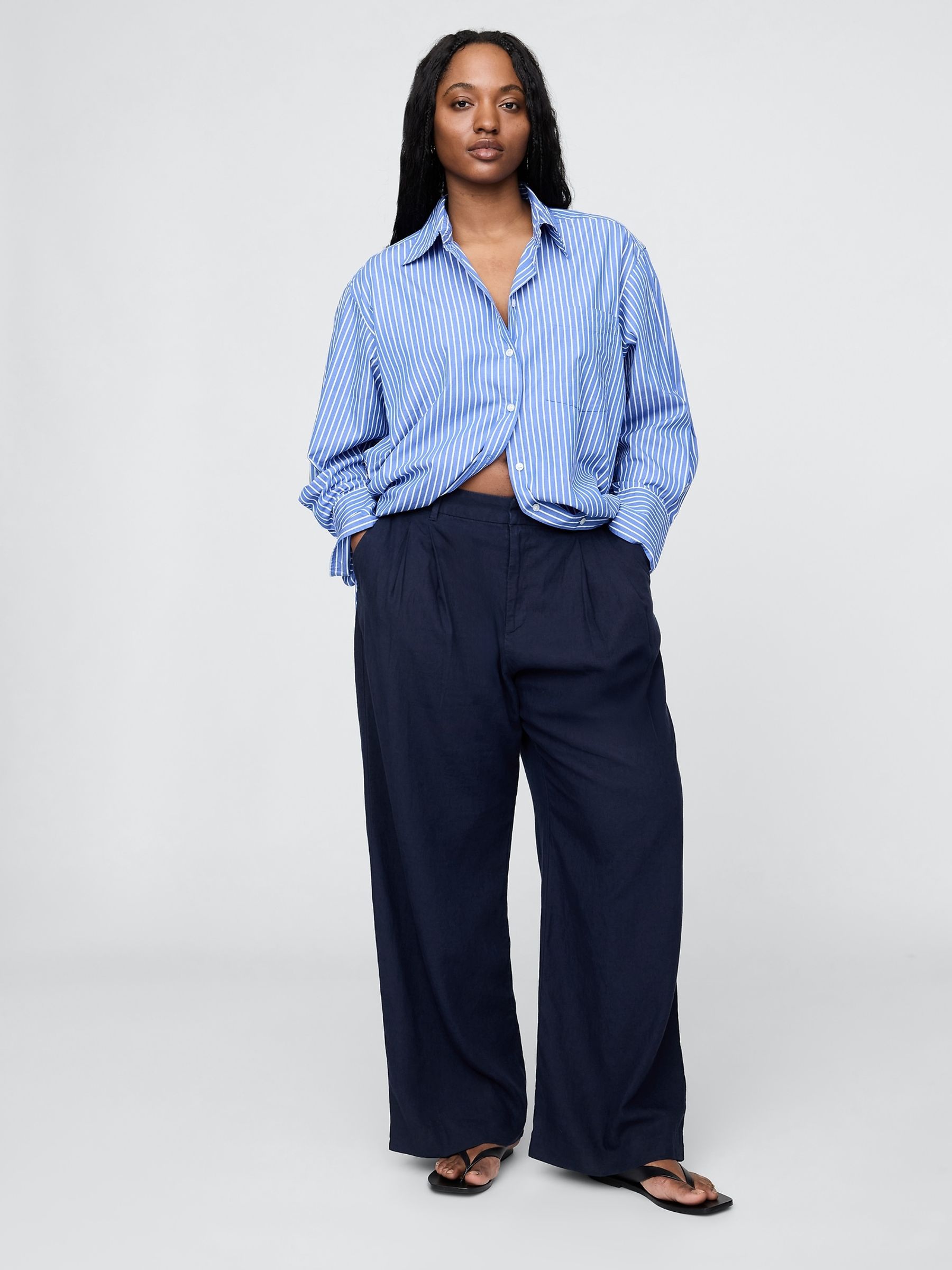 Blue Wide Leg Heavyweight Linen-Blend Trousers - Image 5 of 5