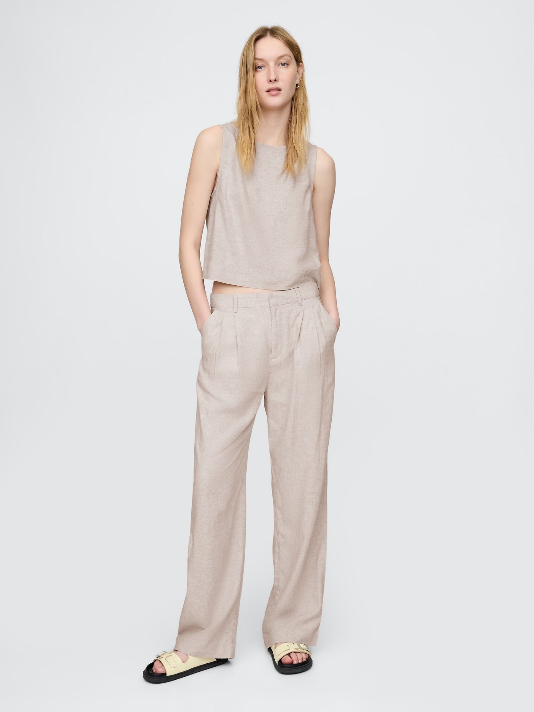 Beige Wide Leg Heavyweight Linen-Blend Trousers - Image 3 of 5