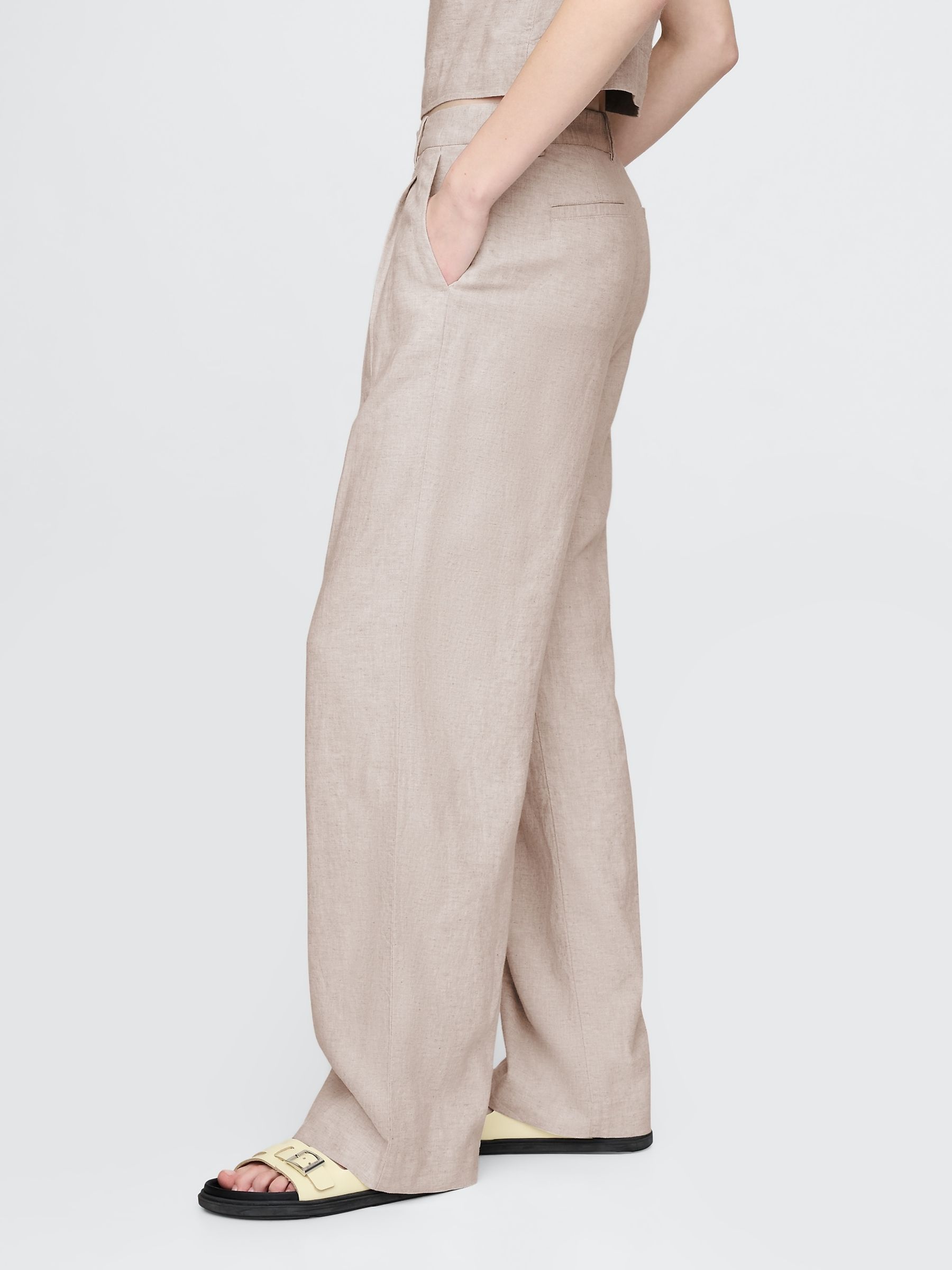Beige Wide Leg Heavyweight Linen-Blend Trousers - Image 4 of 5
