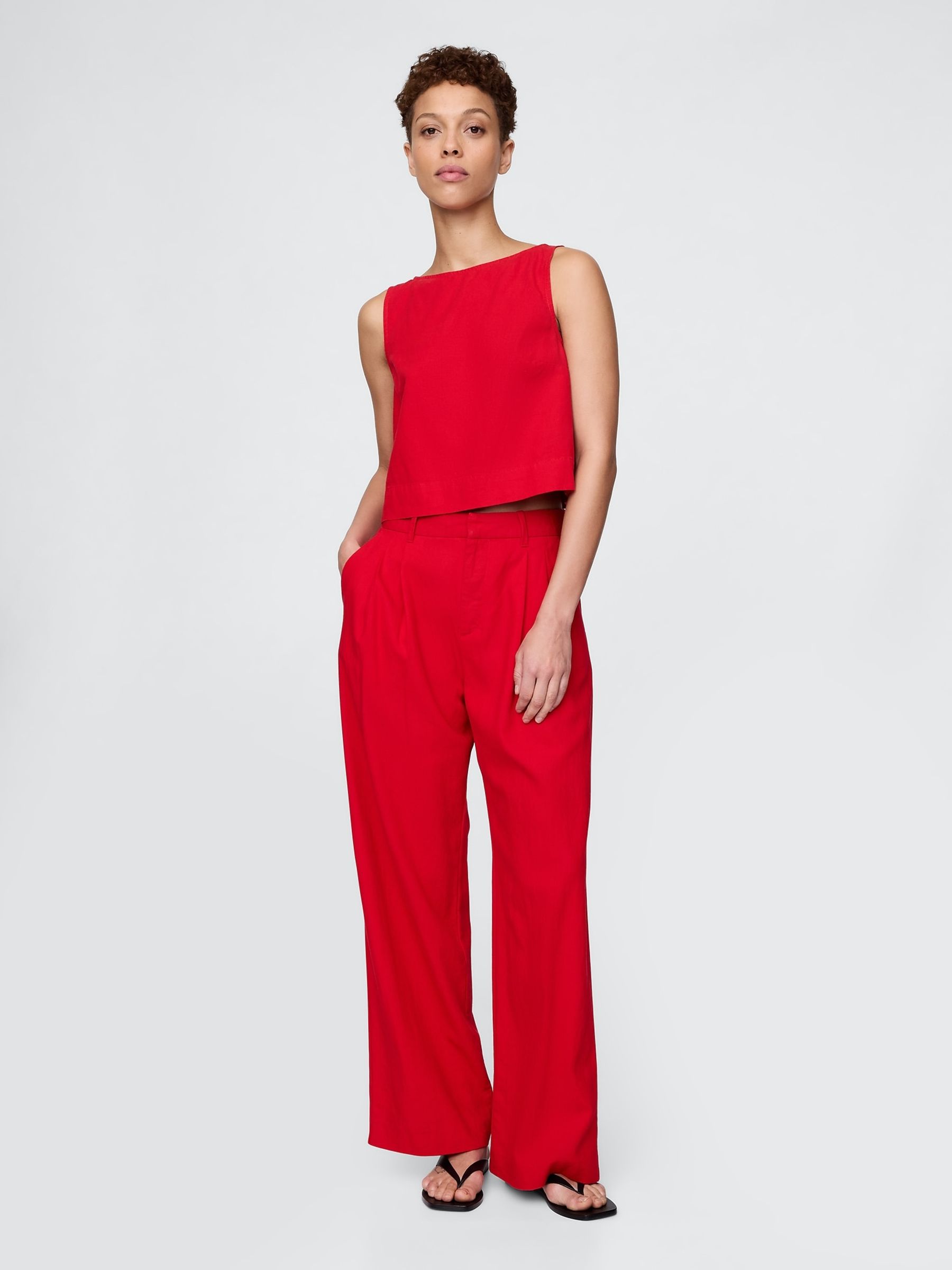 Red Wide Leg Heavyweight Linen-Blend Trousers - Image 1 of 5