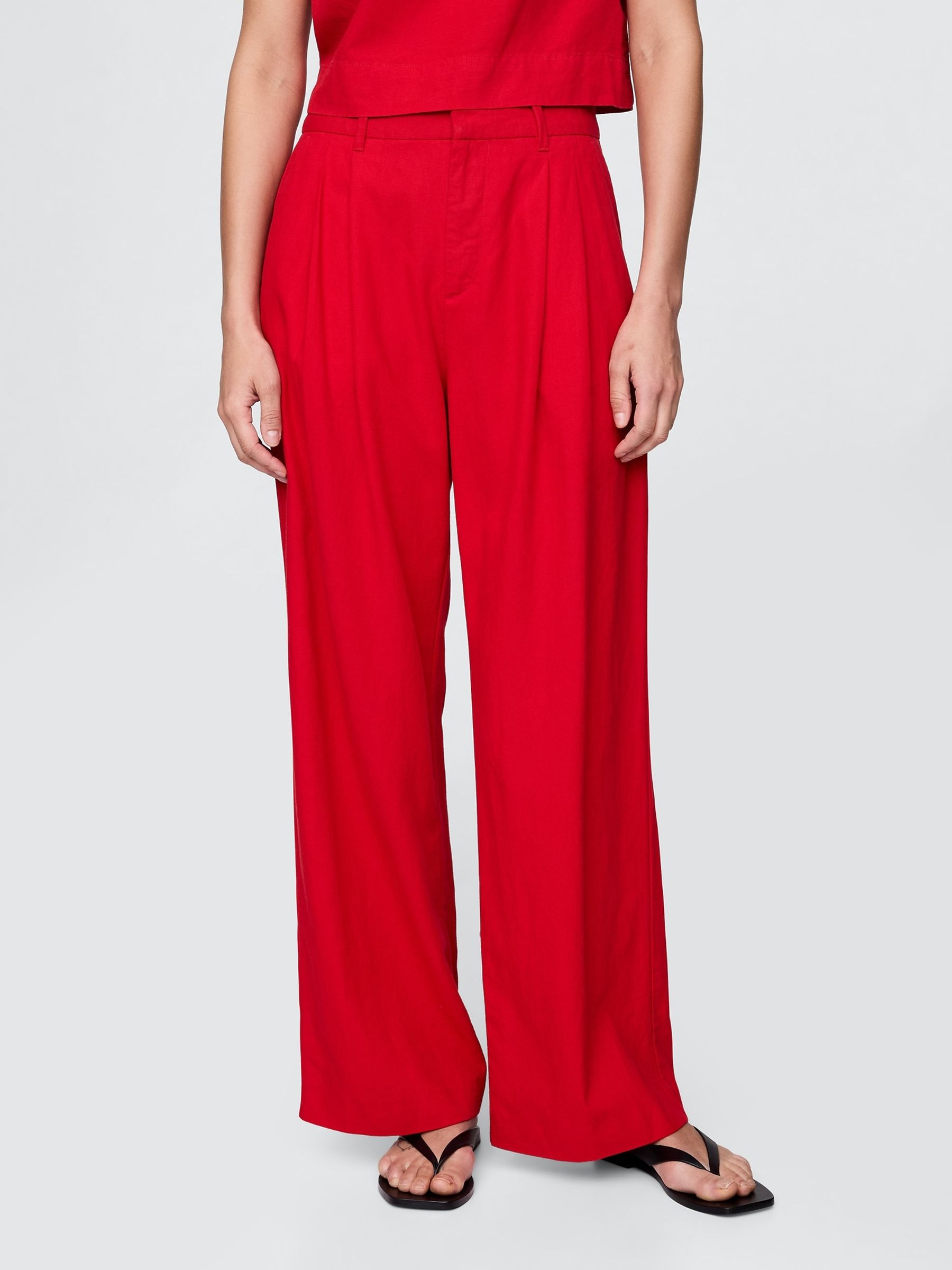 Red Wide Leg Heavyweight Linen-Blend Trousers - Image 2 of 5
