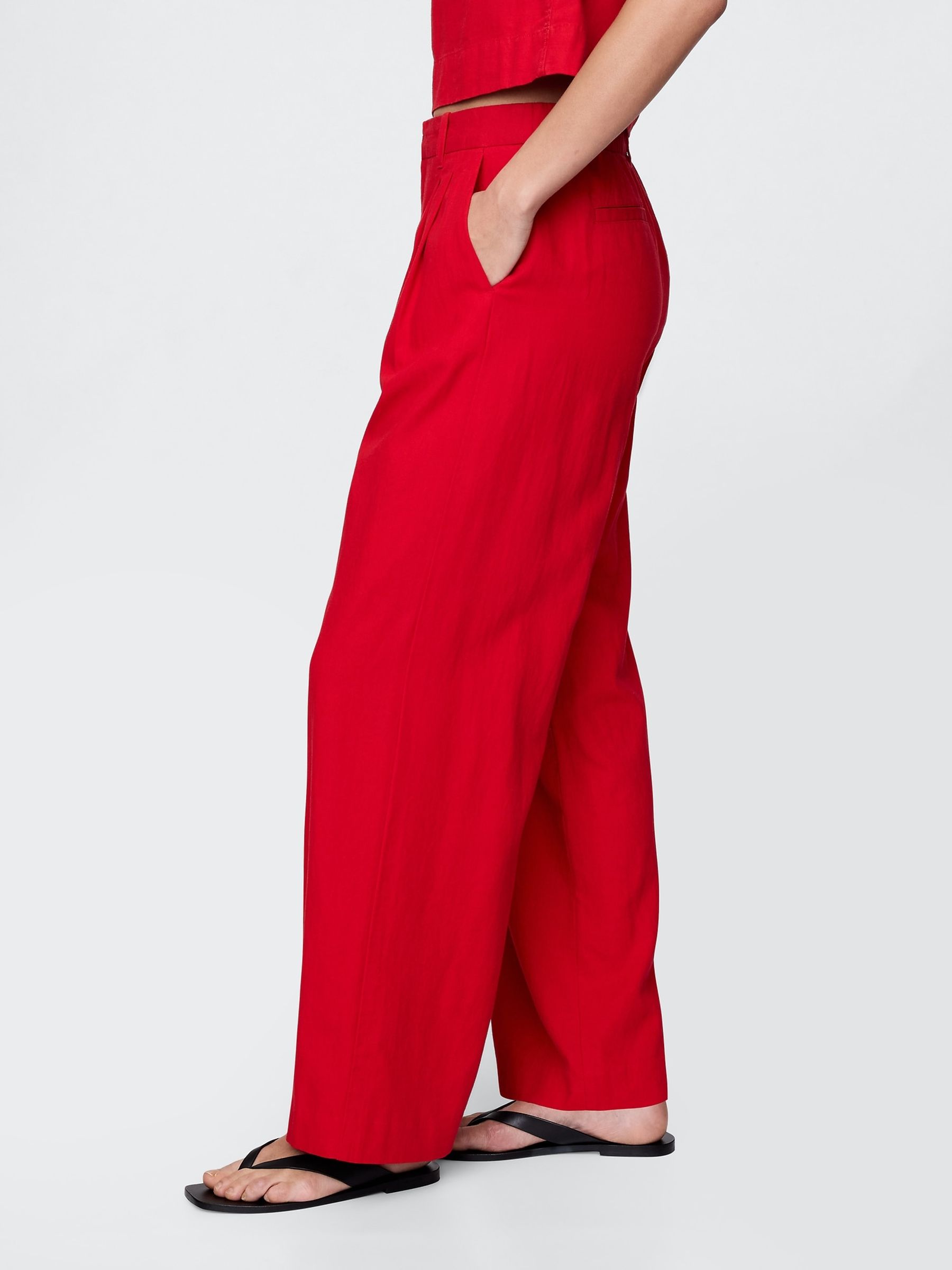 Red Wide Leg Heavyweight Linen-Blend Trousers - Image 4 of 5