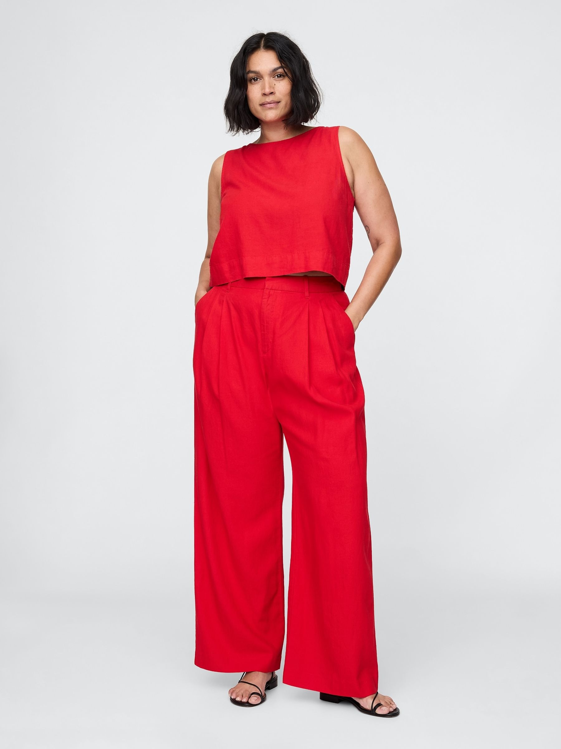 Red Wide Leg Heavyweight Linen-Blend Trousers - Image 5 of 5