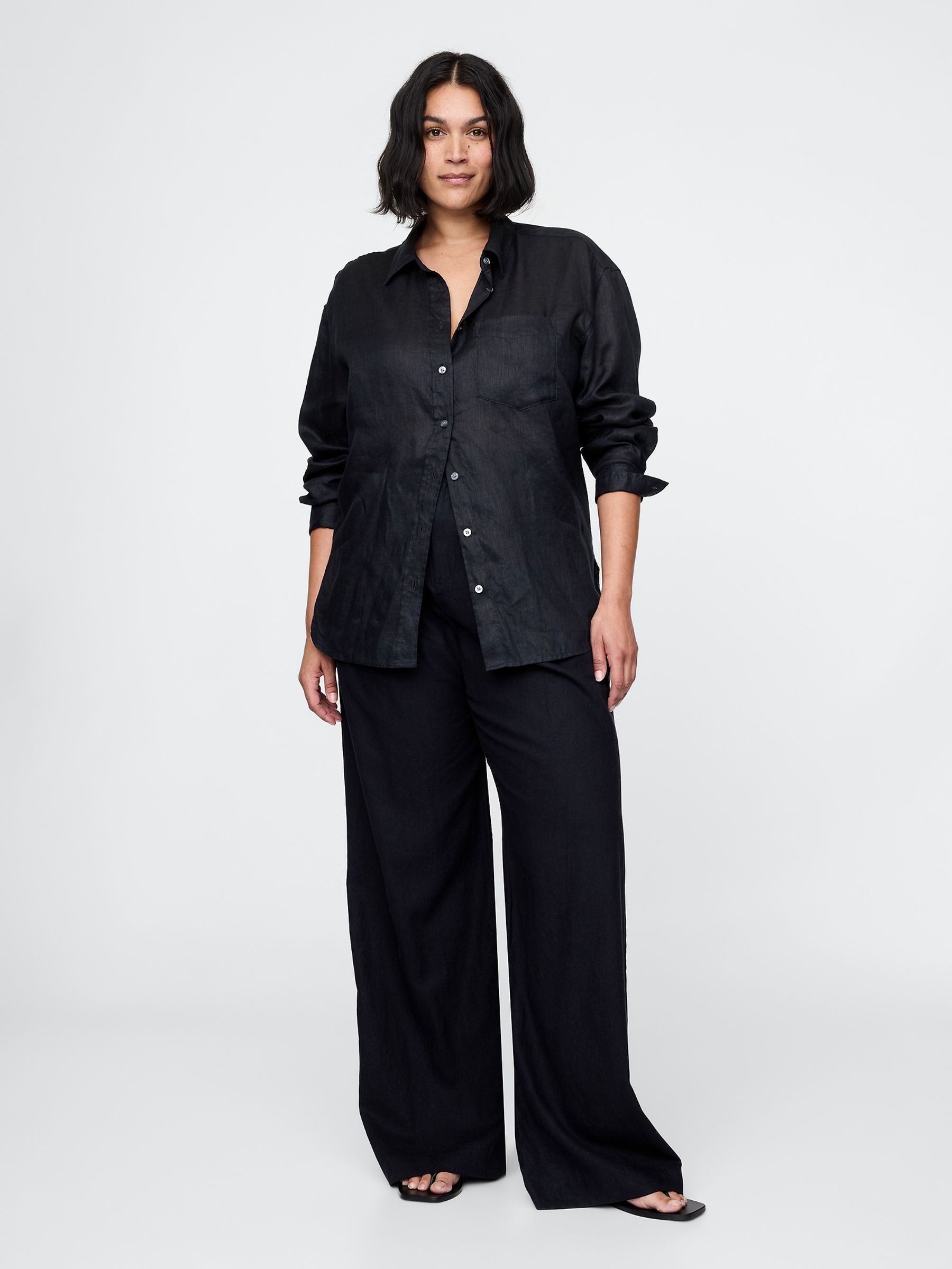 Black Wide Leg Heavyweight Linen-Blend Trousers - Image 2 of 5