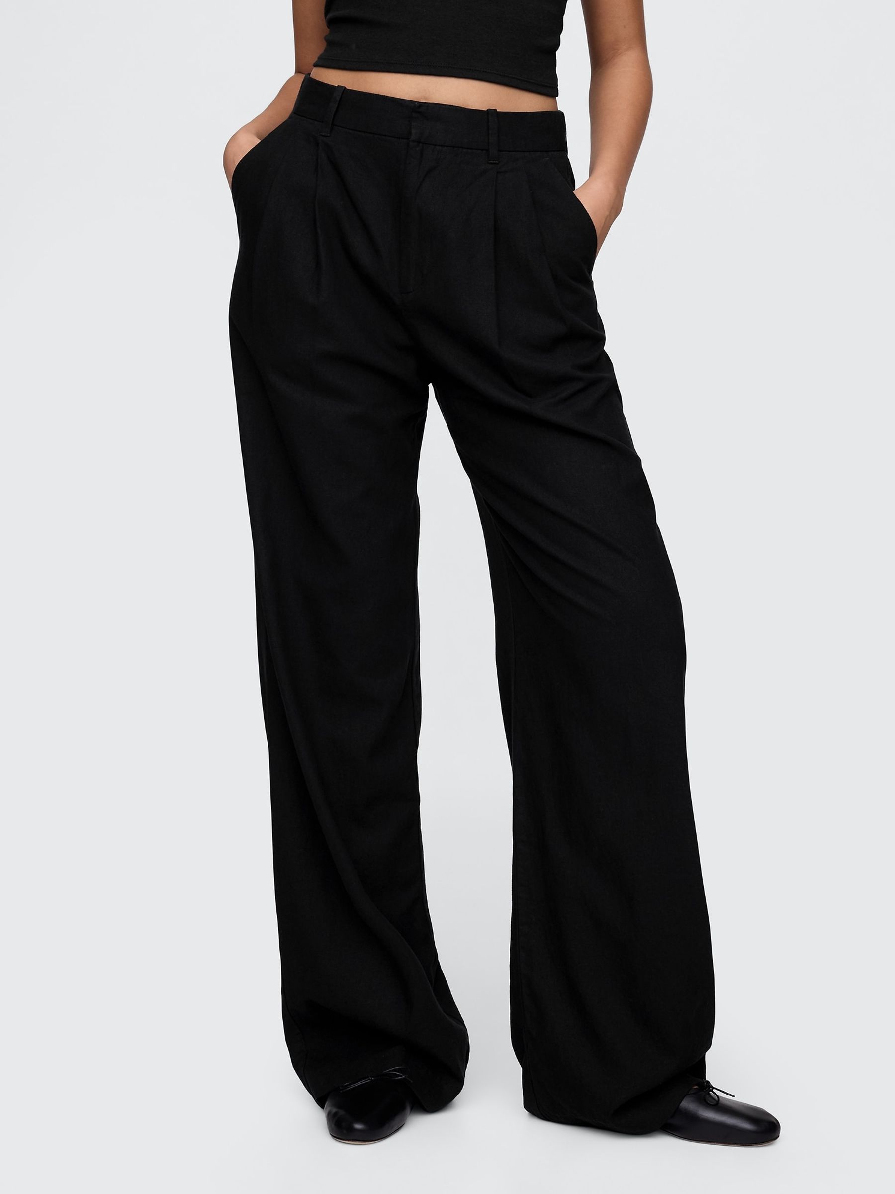 Black Wide Leg Heavyweight Linen-Blend Trousers - Image 3 of 5