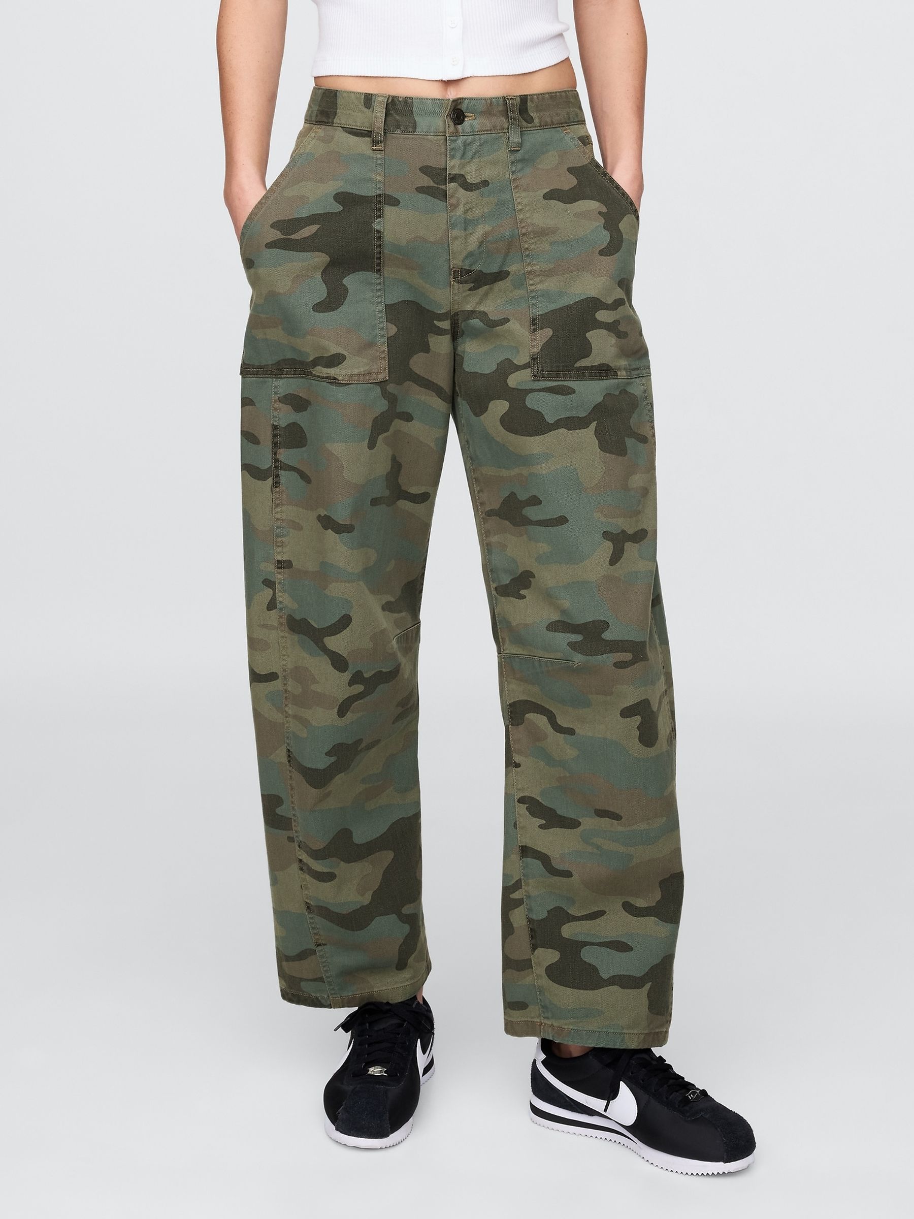 Green Camo Mid Rise Cotton Barrel Trousers - Image 1 of 7