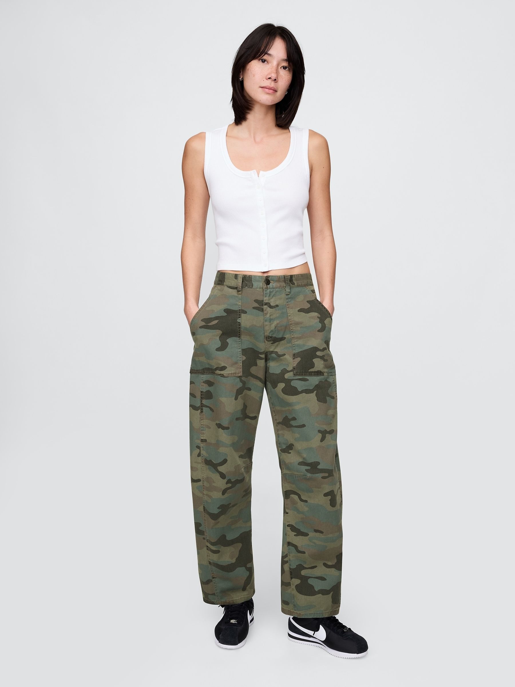 Green Camo Mid Rise Cotton Barrel Trousers - Image 4 of 7