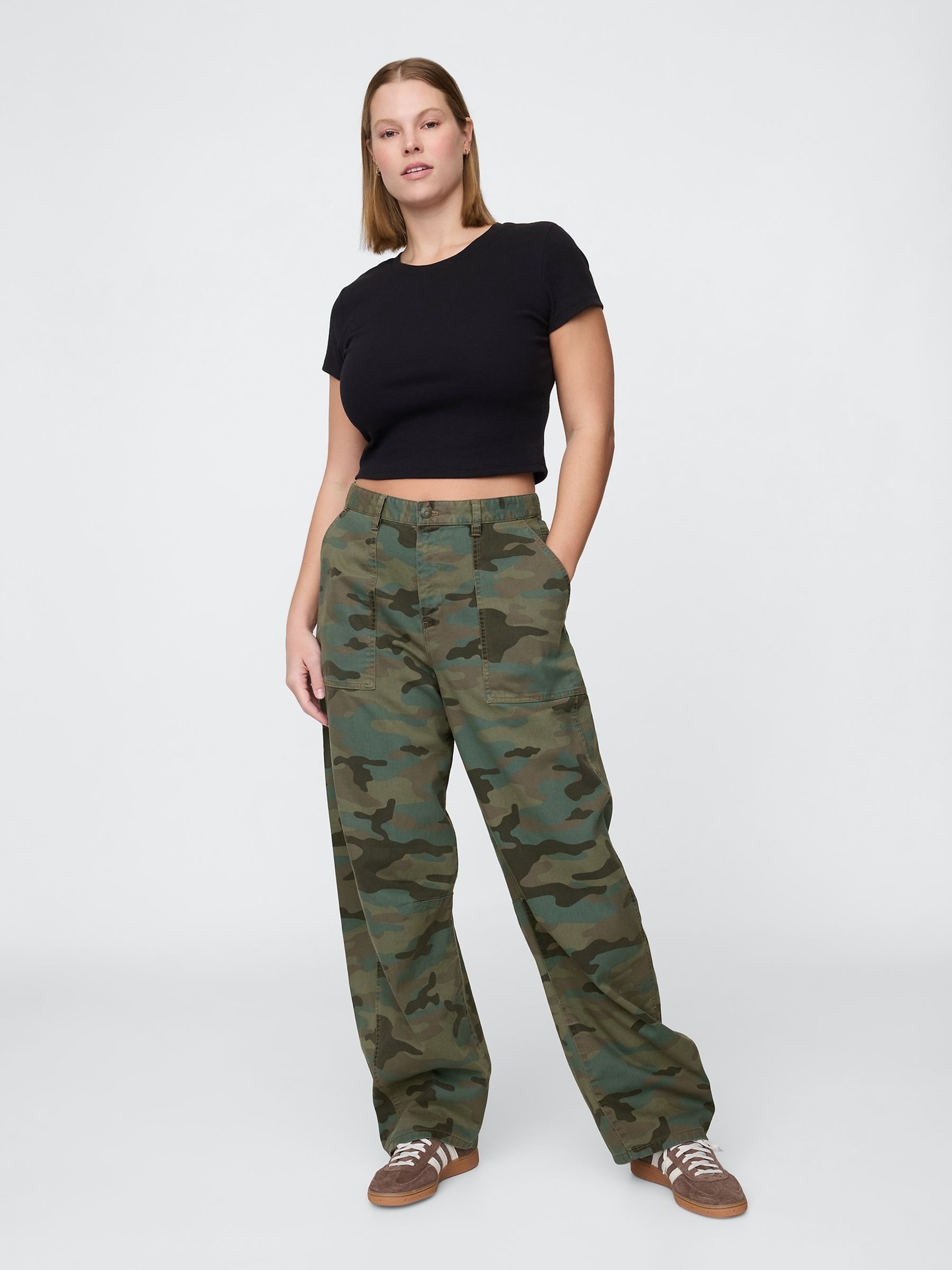 Green Camo Mid Rise Cotton Barrel Trousers - Image 5 of 7