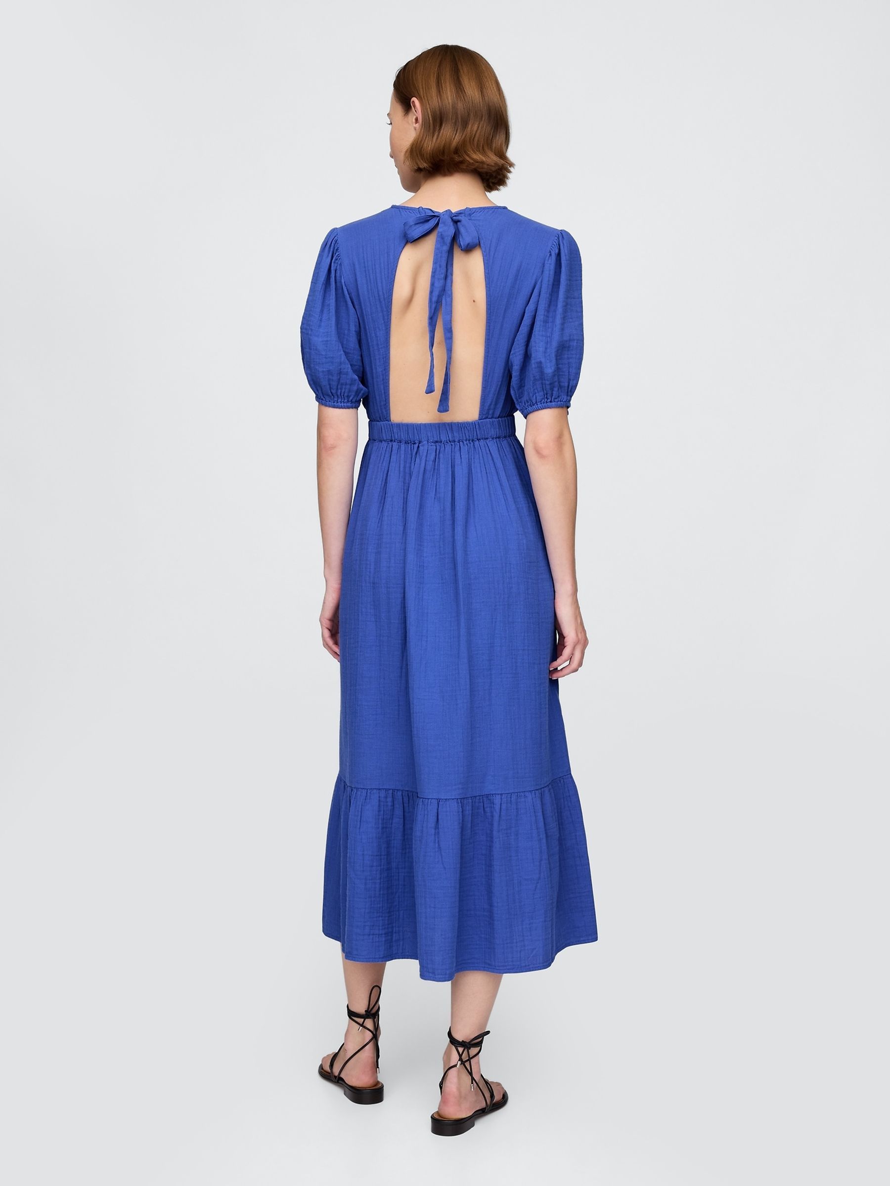 Blue Crinkle Gauze 100% Cotton Open-Back Puff Sleeve Midi Dress - Image 2 of 4