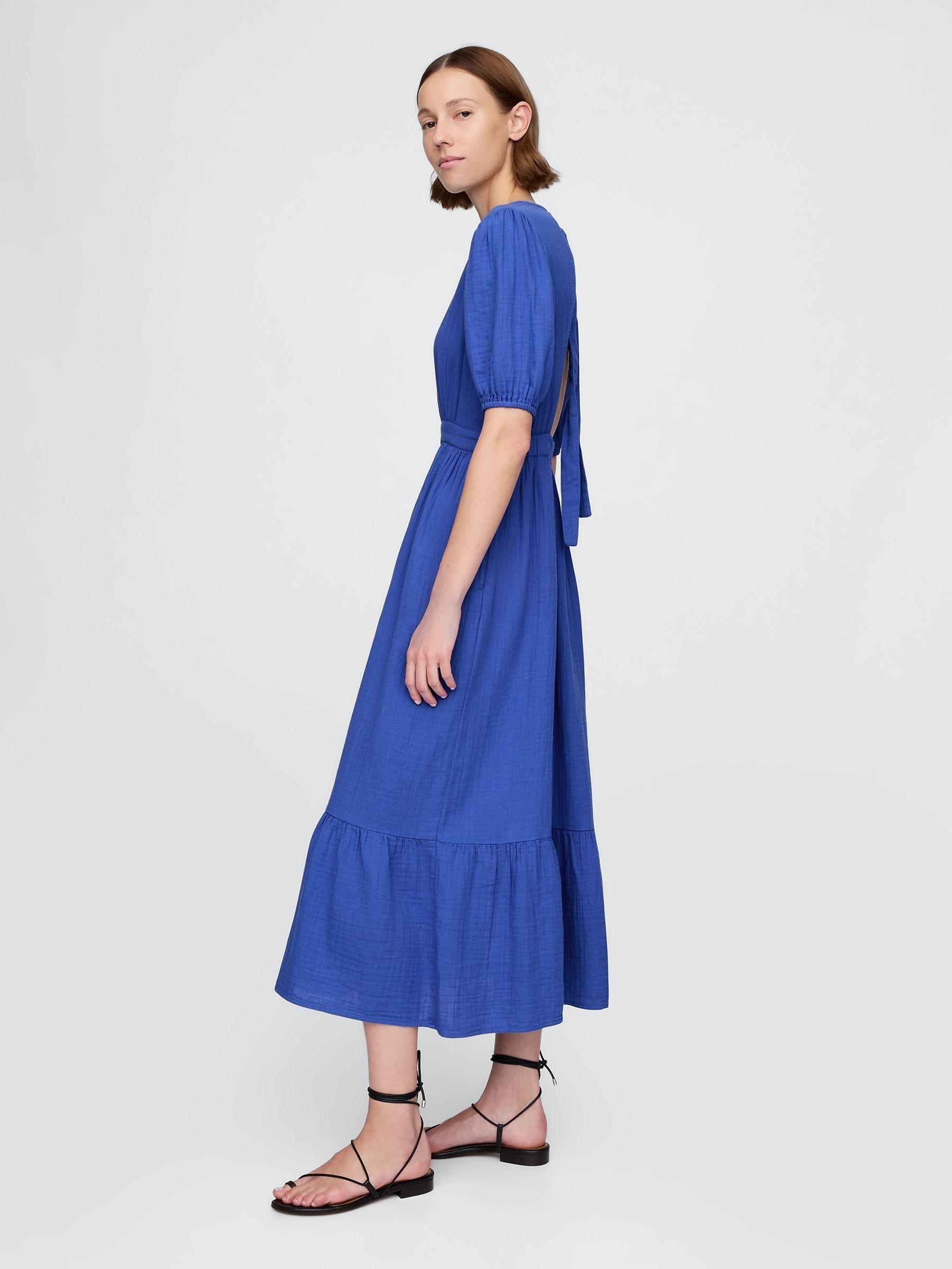 Blue Crinkle Gauze 100% Cotton Open-Back Puff Sleeve Midi Dress - Image 3 of 4