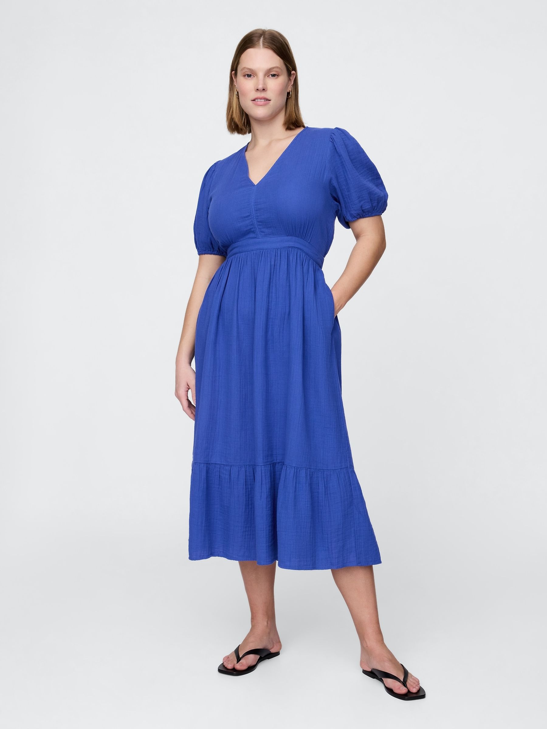 Blue Crinkle Gauze 100% Cotton Open-Back Puff Sleeve Midi Dress - Image 4 of 4