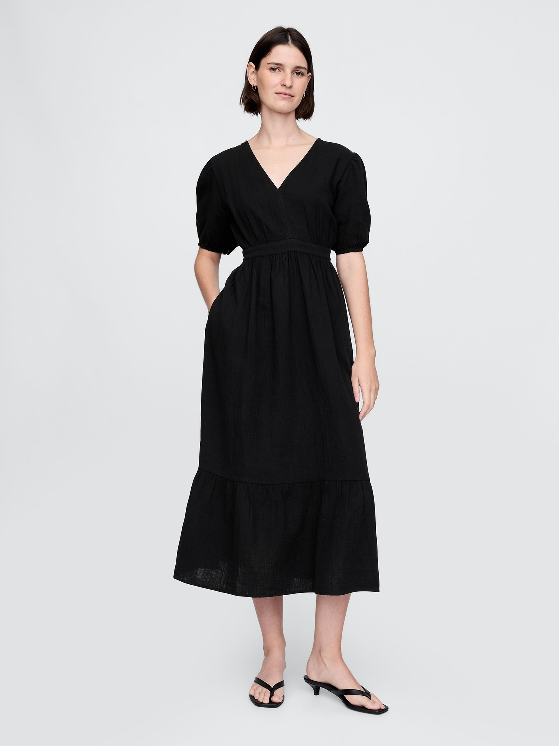Black Crinkle Gauze 100% Cotton Open-Back Puff Sleeve Midi Dress - Image 1 of 5