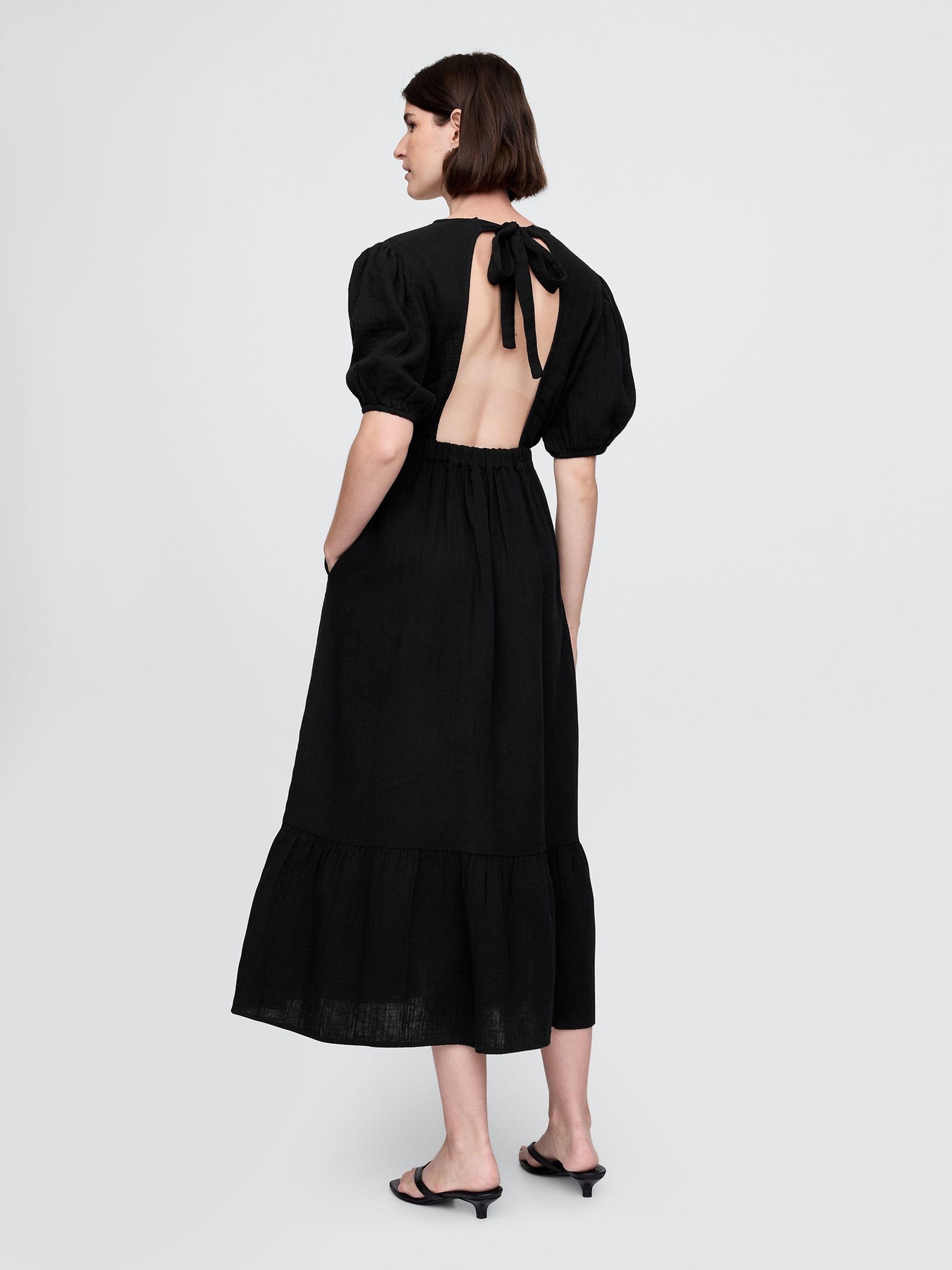 Black Crinkle Gauze 100% Cotton Open-Back Puff Sleeve Midi Dress - Image 2 of 5