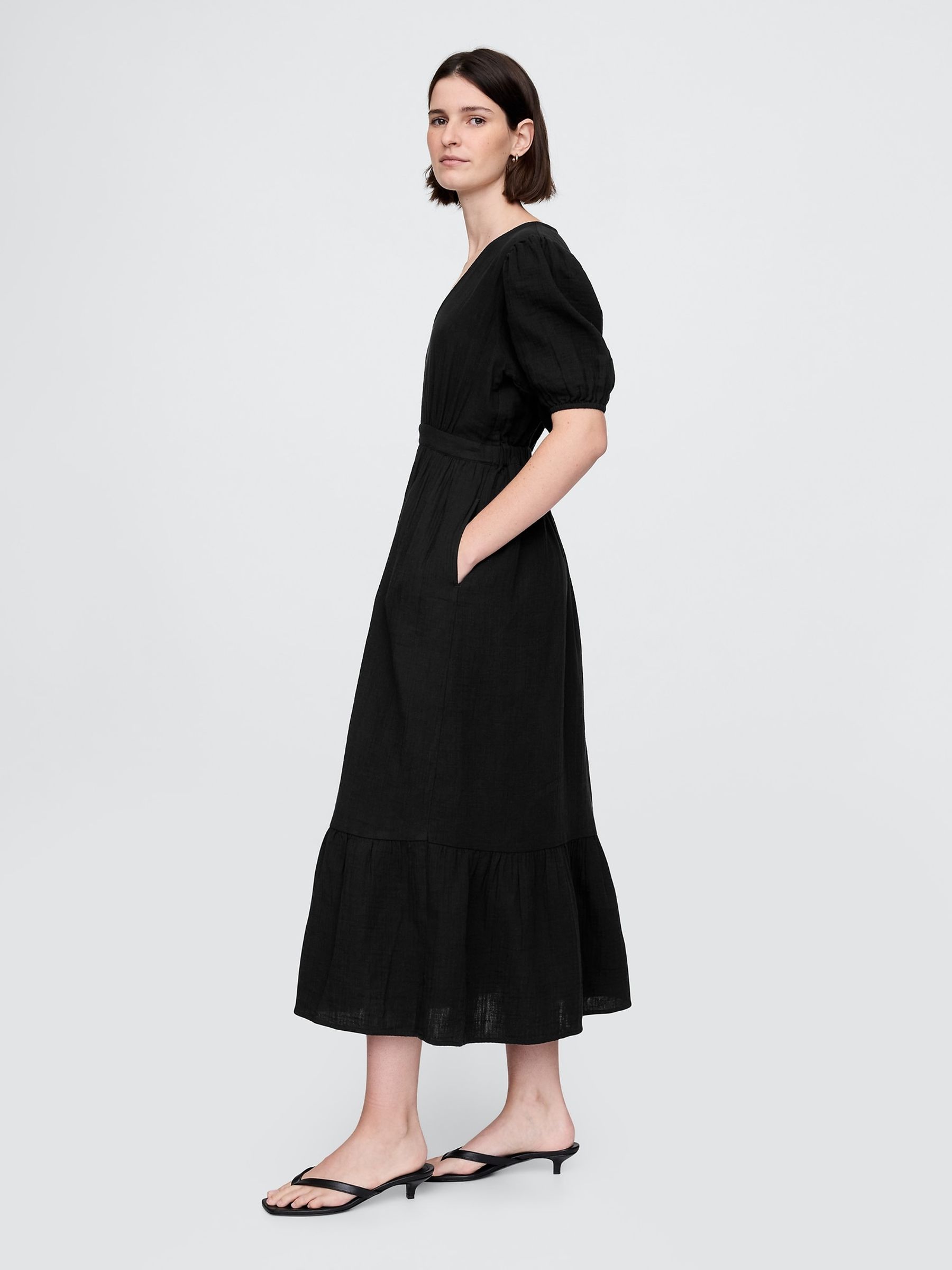 Black Crinkle Gauze 100% Cotton Open-Back Puff Sleeve Midi Dress - Image 4 of 5