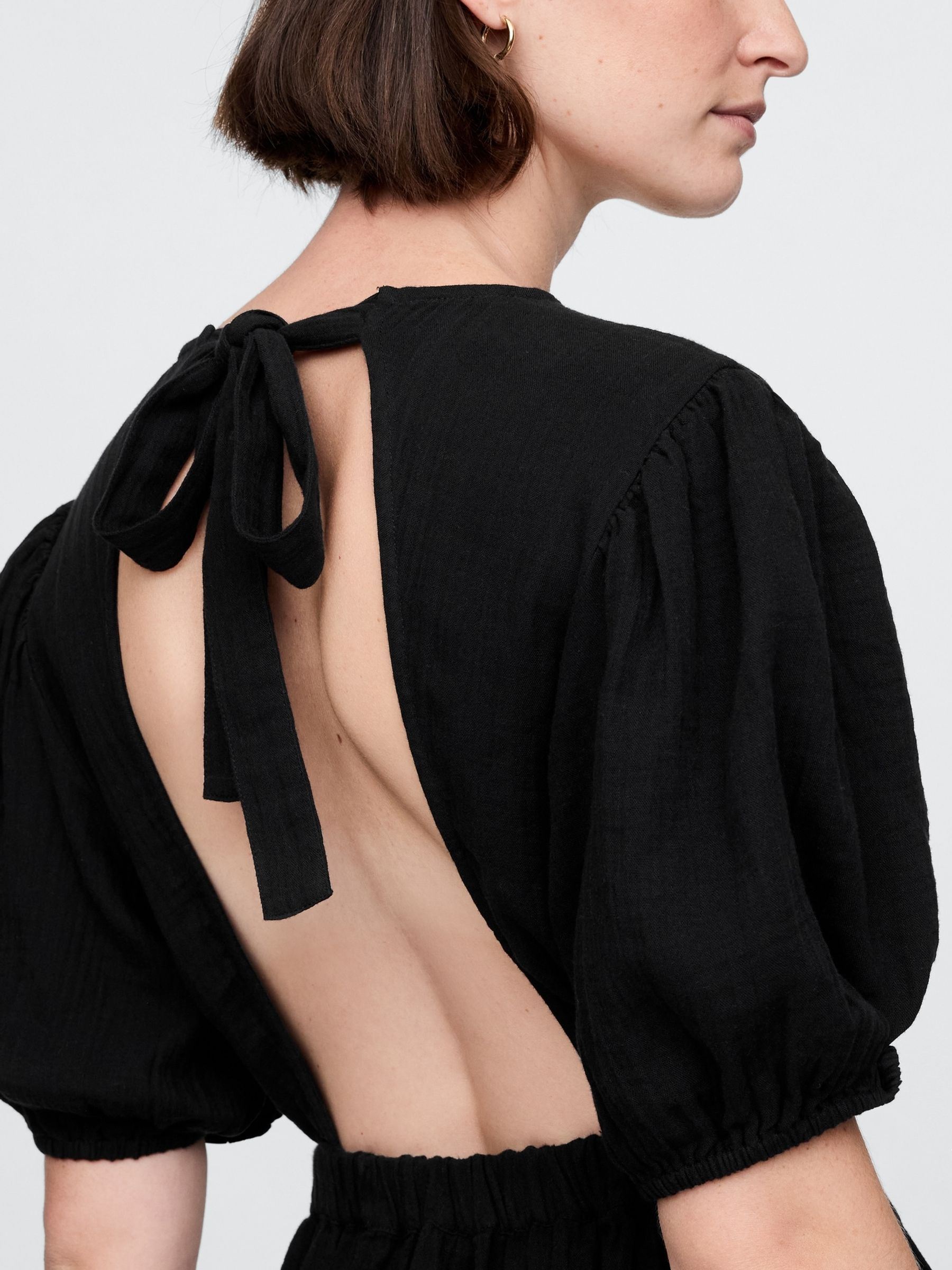 Black Crinkle Gauze 100% Cotton Open-Back Puff Sleeve Midi Dress - Image 5 of 5