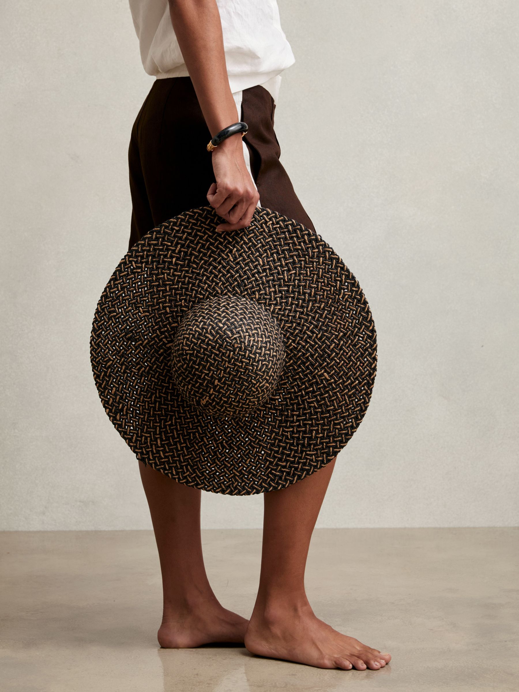 Straw Basket-Weave Sun Hat in Black/Natural - Image 5 of 5