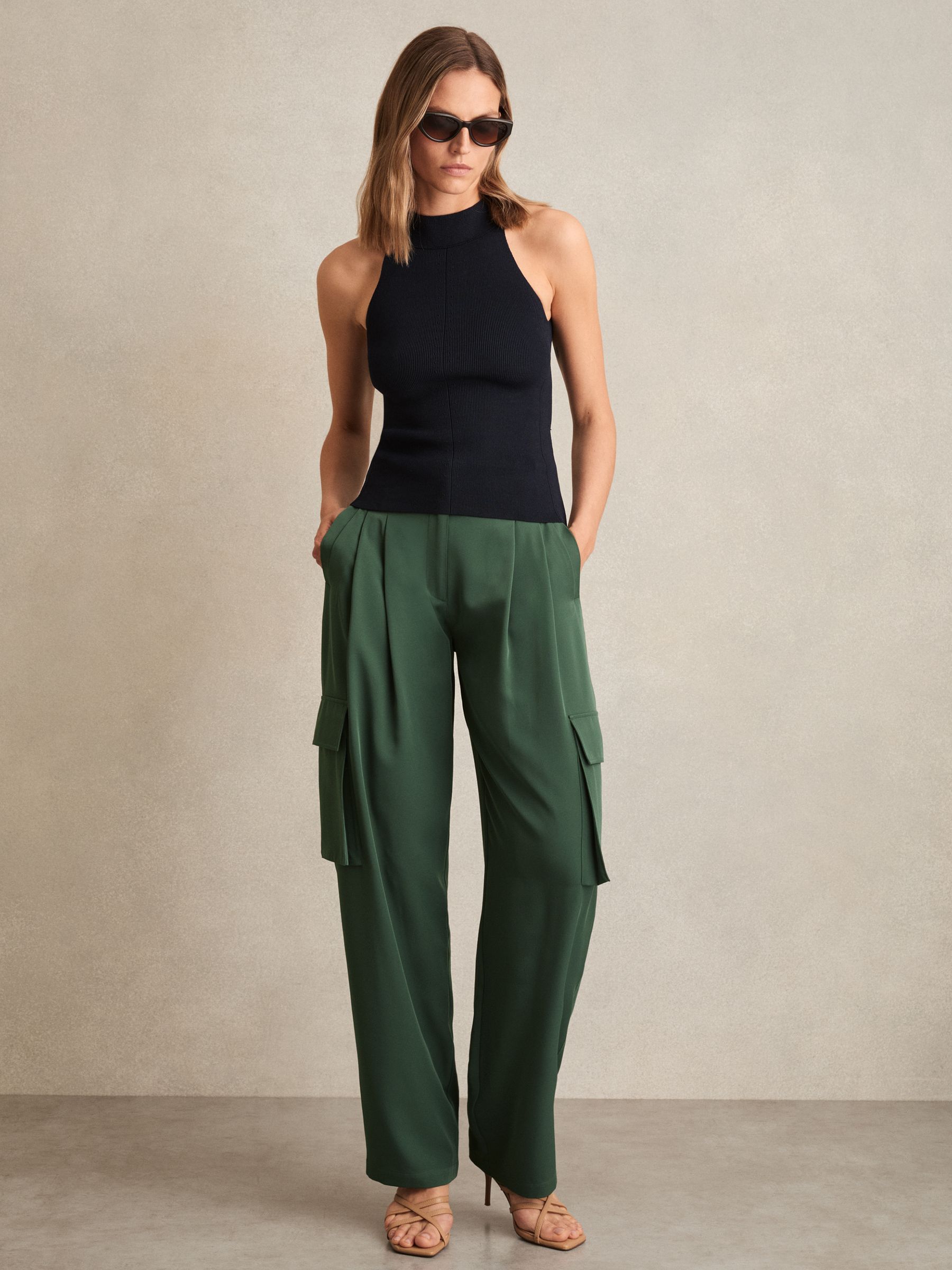 Petite Wide-Leg Pleated Cargo Trousers in Green - Image 3 of 7