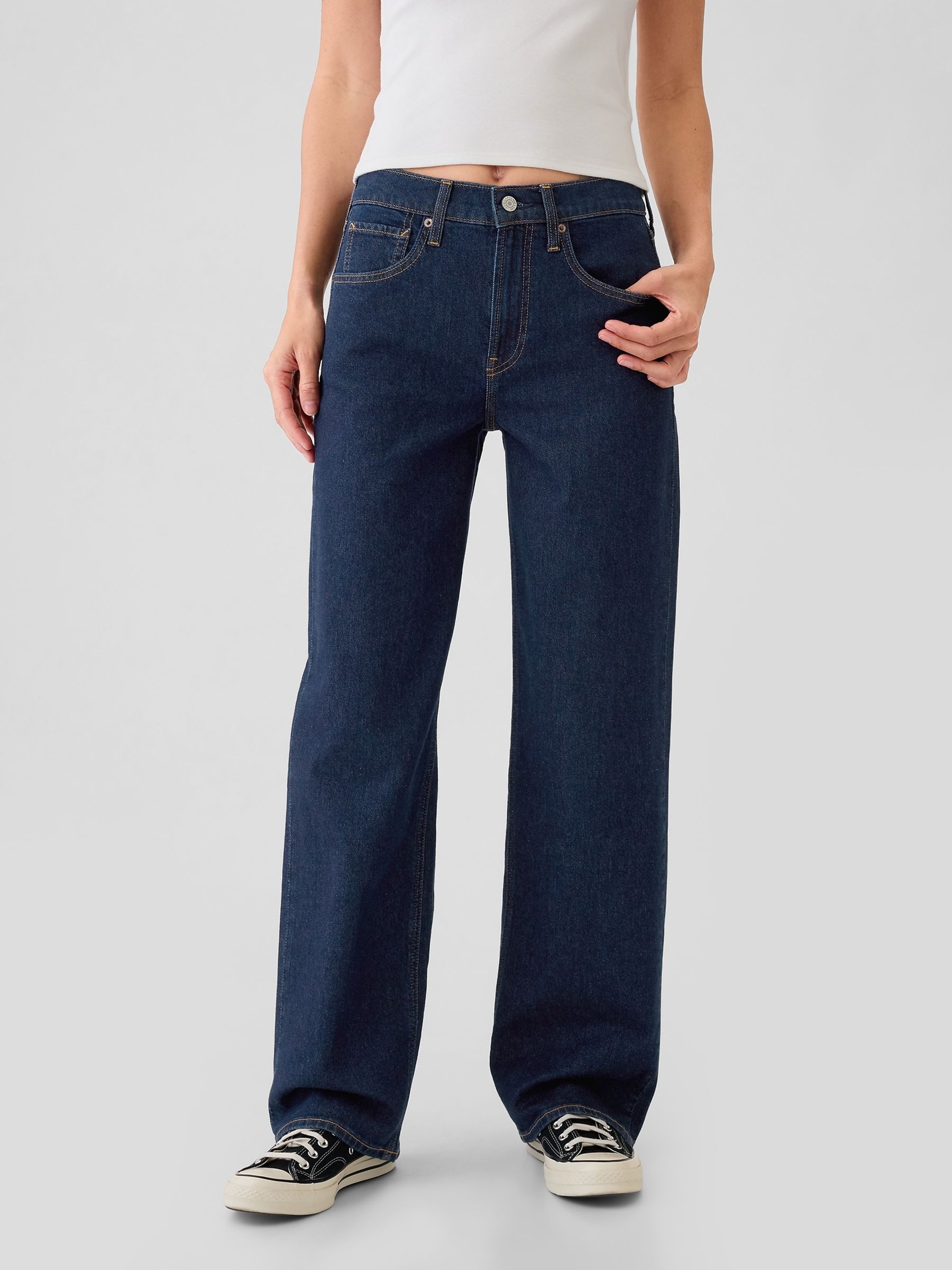 Dark Indigo Blue Mid Waisted 90s Loose Jeans - Image 1 of 6