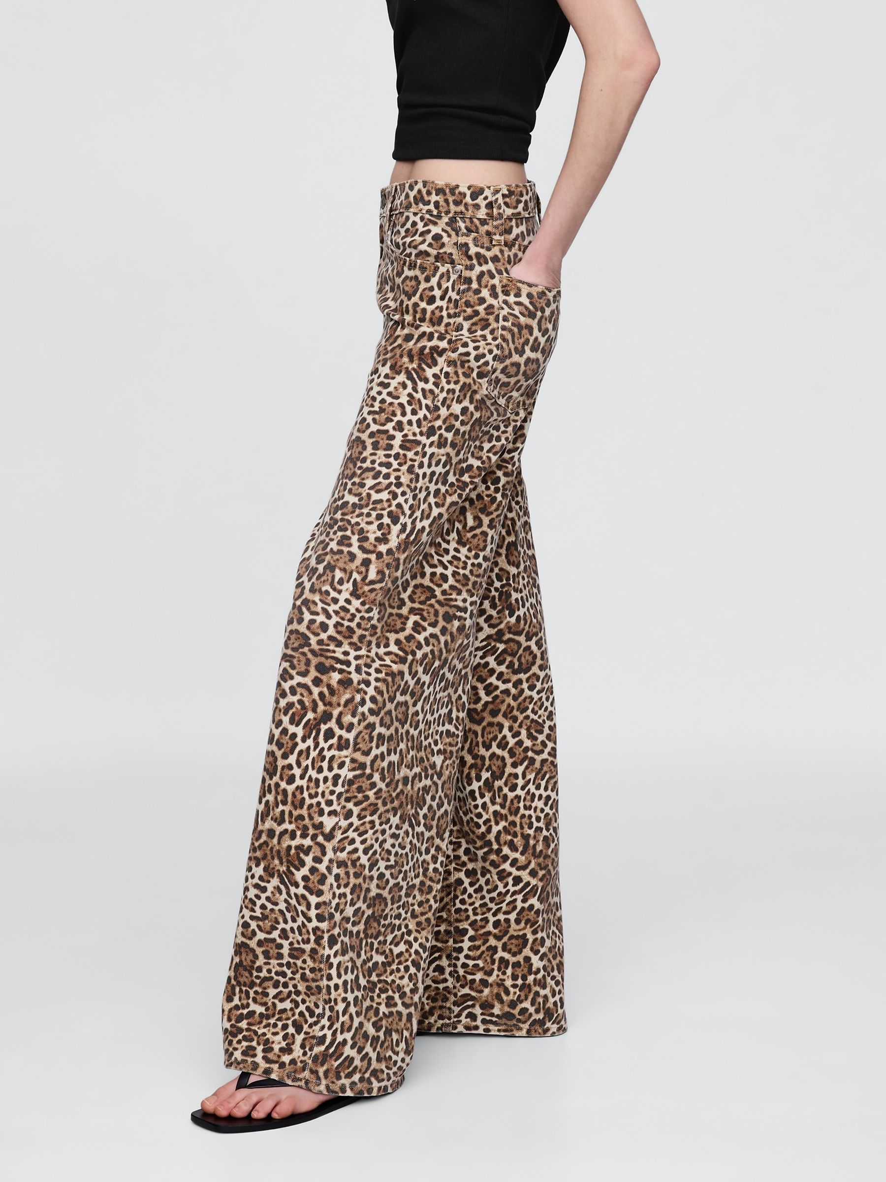 Brown Leopard Print Mid Rise UltraSoft Baggy Jeans - Image 3 of 6
