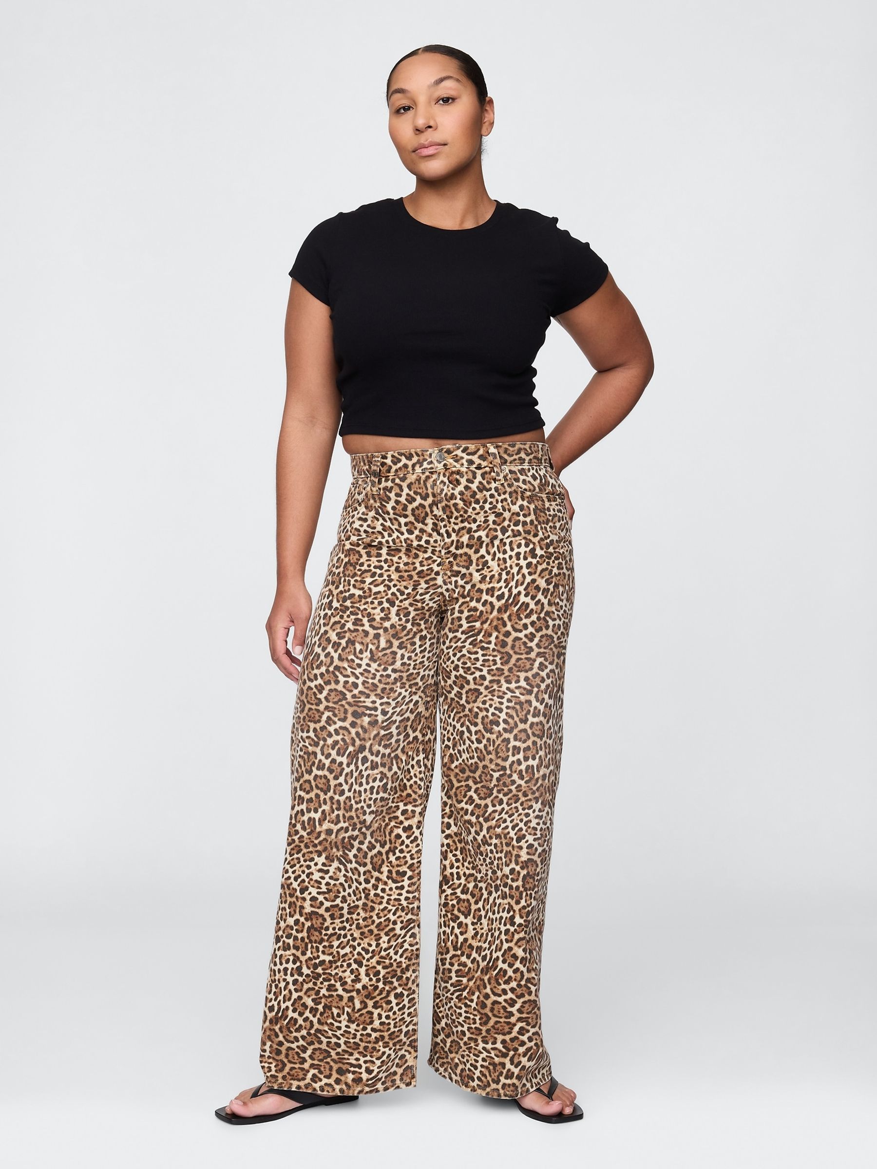 Brown Leopard Print Mid Rise UltraSoft Baggy Jeans - Image 5 of 6
