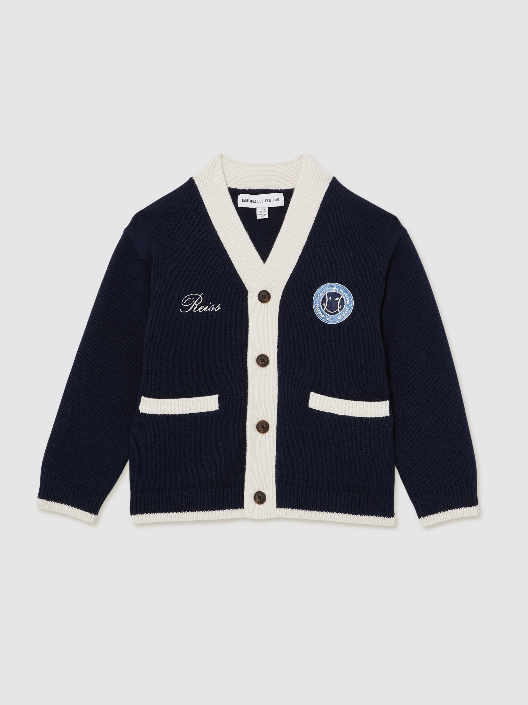 13-14 yrs SmileyWorld | Reiss Logo Cardigan Unisex Fit in Off White - Image 1 of 8 13-14 yrs SmileyWorld | Reiss Logo Cardigan Unisex Fit in Off White - Image 1 of 8