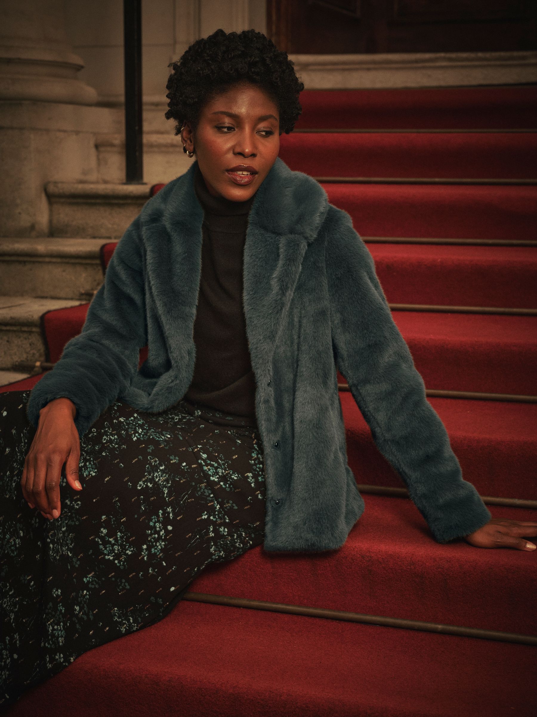 Emma Teal Blue Short Faux Fur Coat - Image 1 of 7