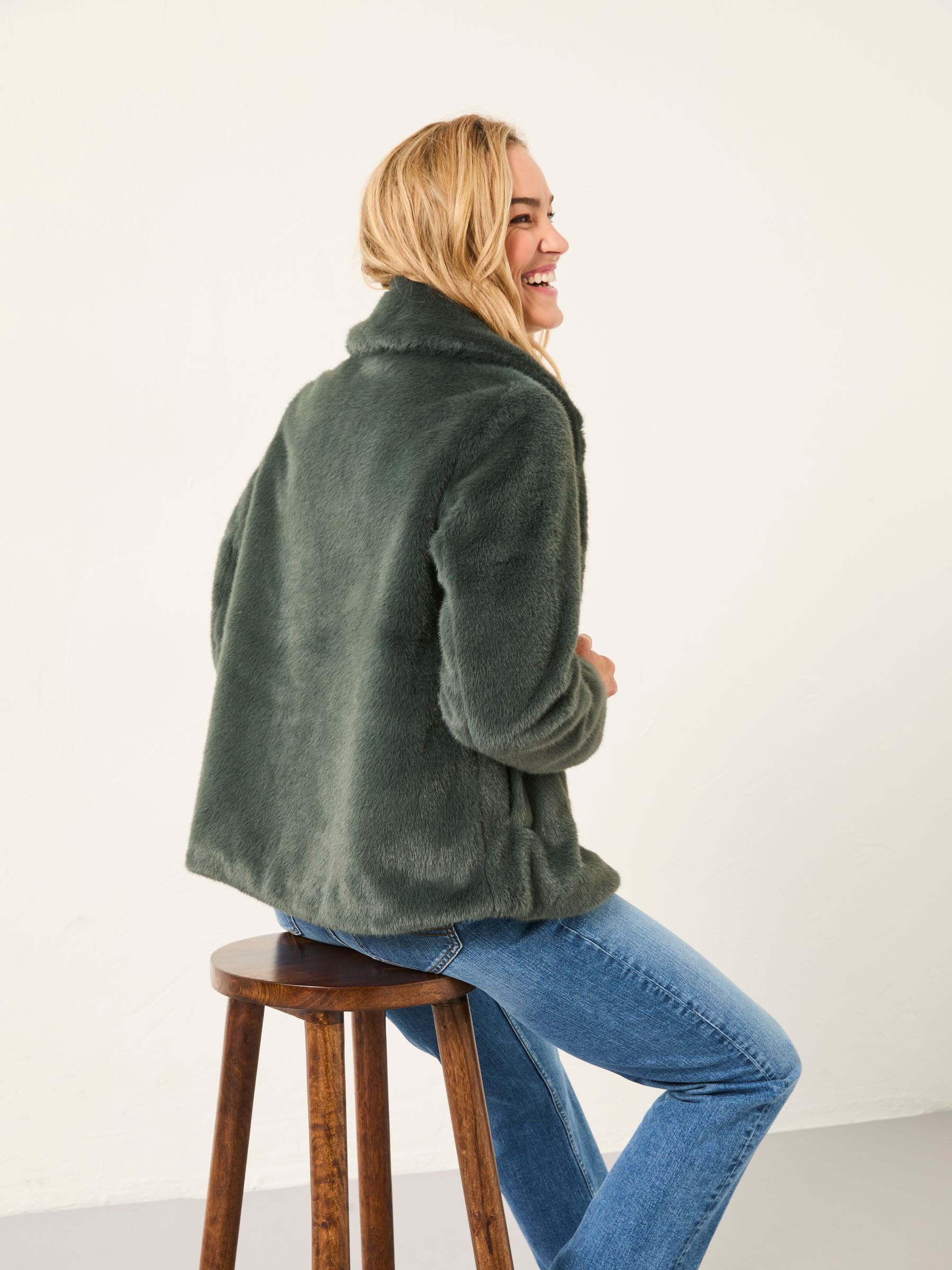 Emma Teal Blue Short Faux Fur Coat - Image 3 of 7