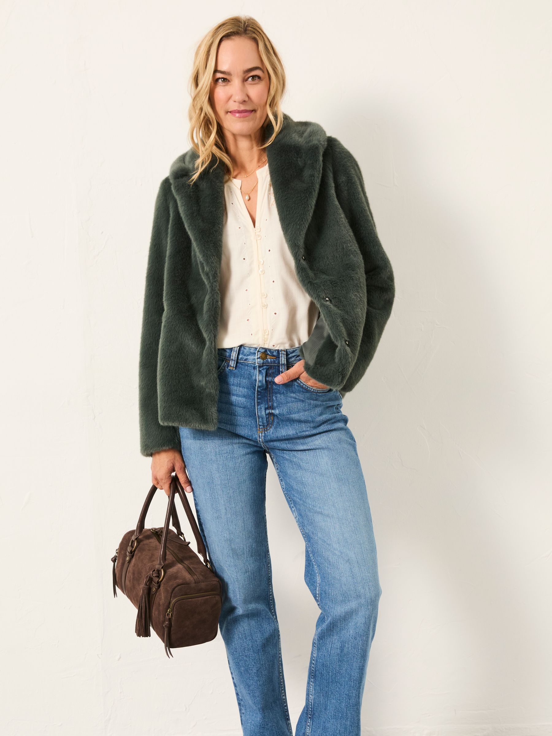 Emma Teal Blue Short Faux Fur Coat - Image 4 of 7