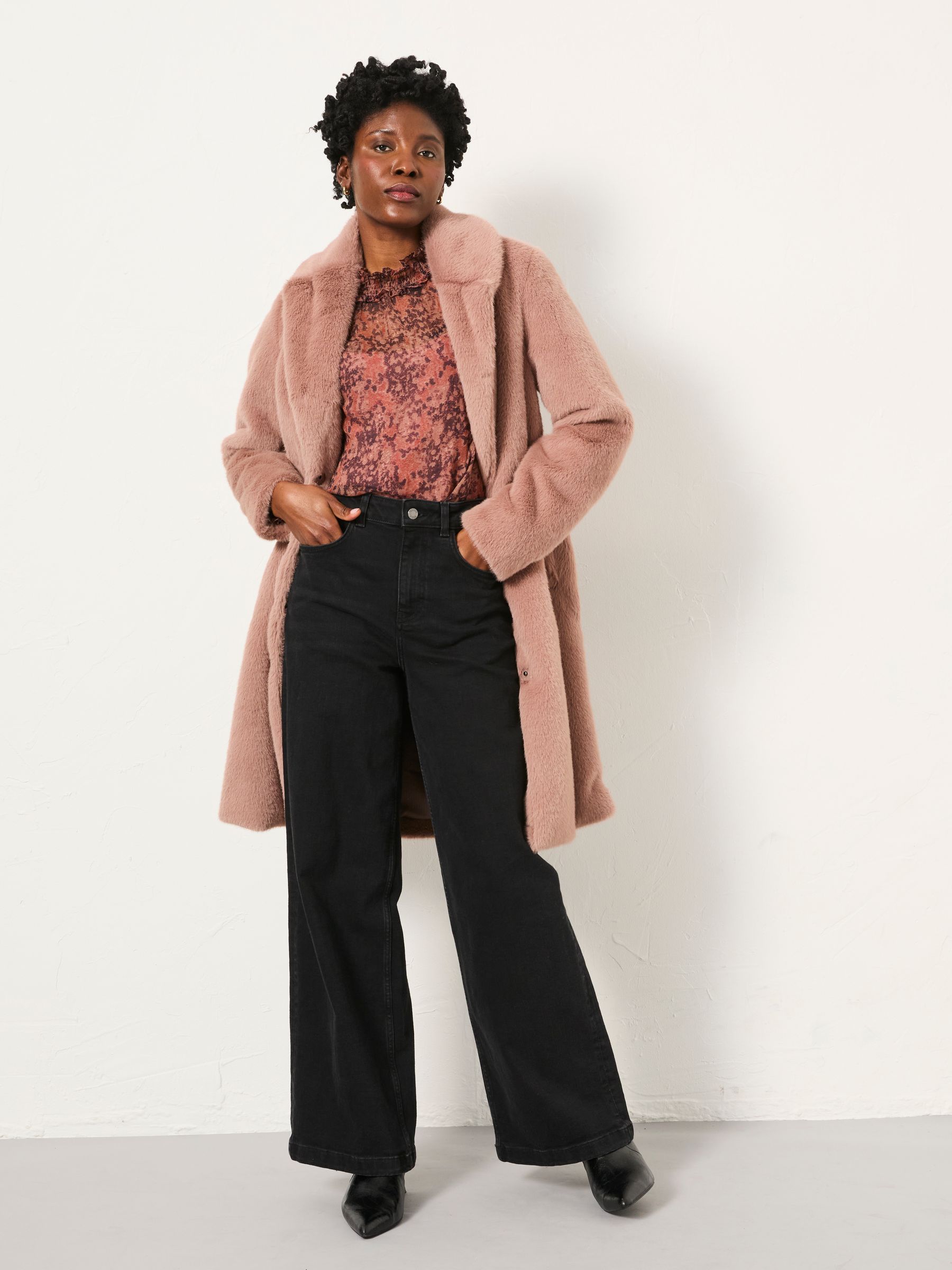 Esme Dusky Pink Long Faux Fur Coat | FatFace