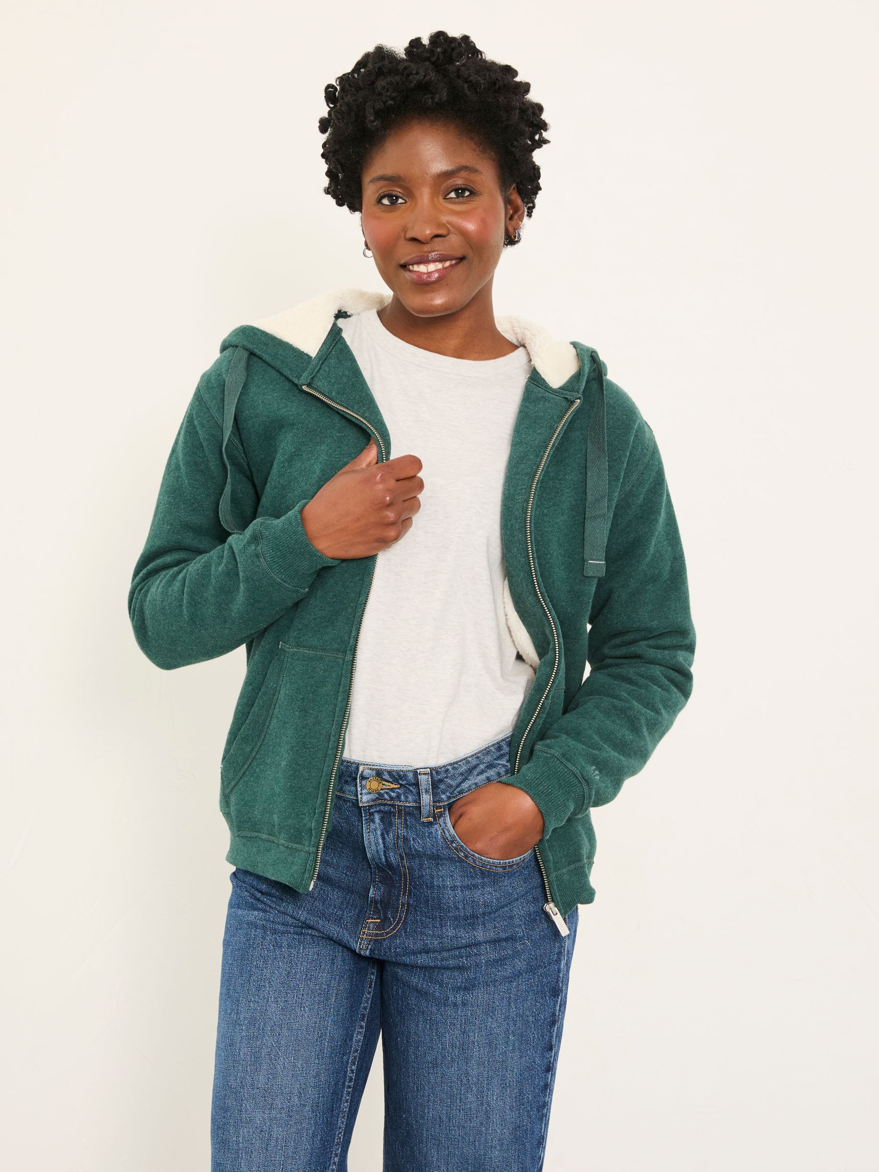 Amy Dark Teal Green Borg Lined Zip Through Hoodie - Image 1 of 5