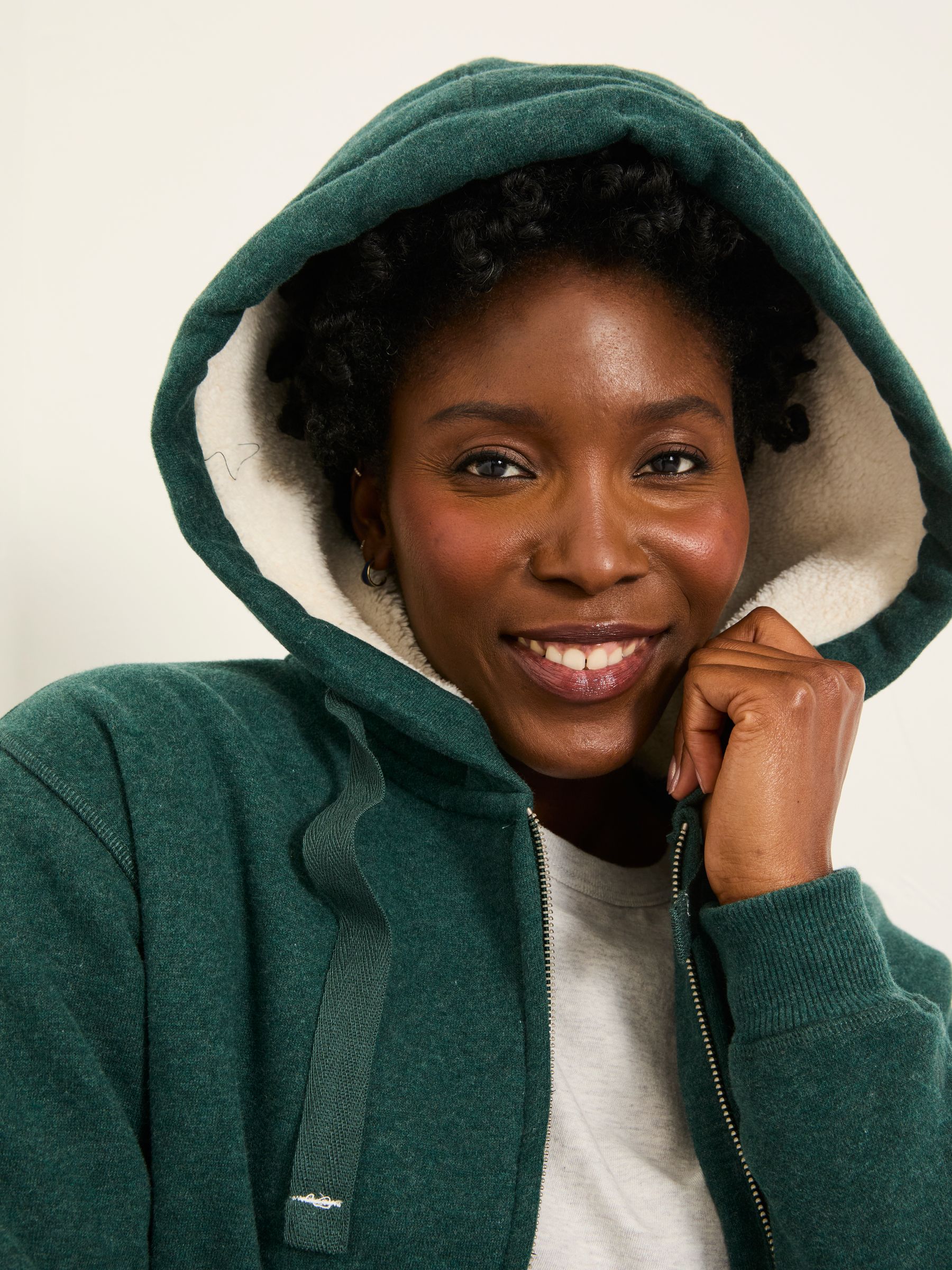 Amy Dark Teal Green Borg Lined Zip Through Hoodie - Image 3 of 5