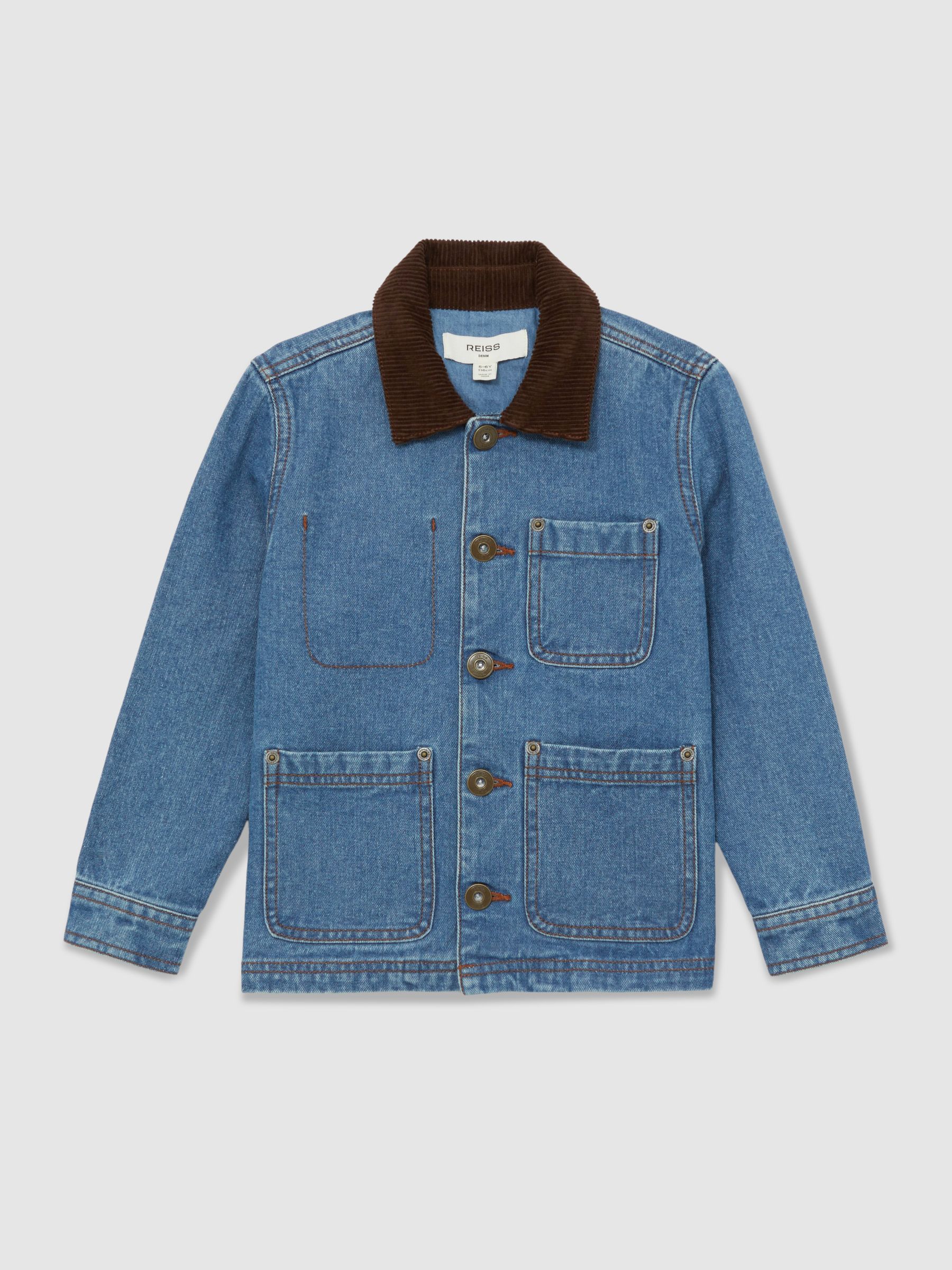 13-14 yrs Corduroy-Collar Denim Jacket in Mid Blue - Image 1 of 4 13-14 yrs Corduroy-Collar Denim Jacket in Mid Blue - Image 1 of 4