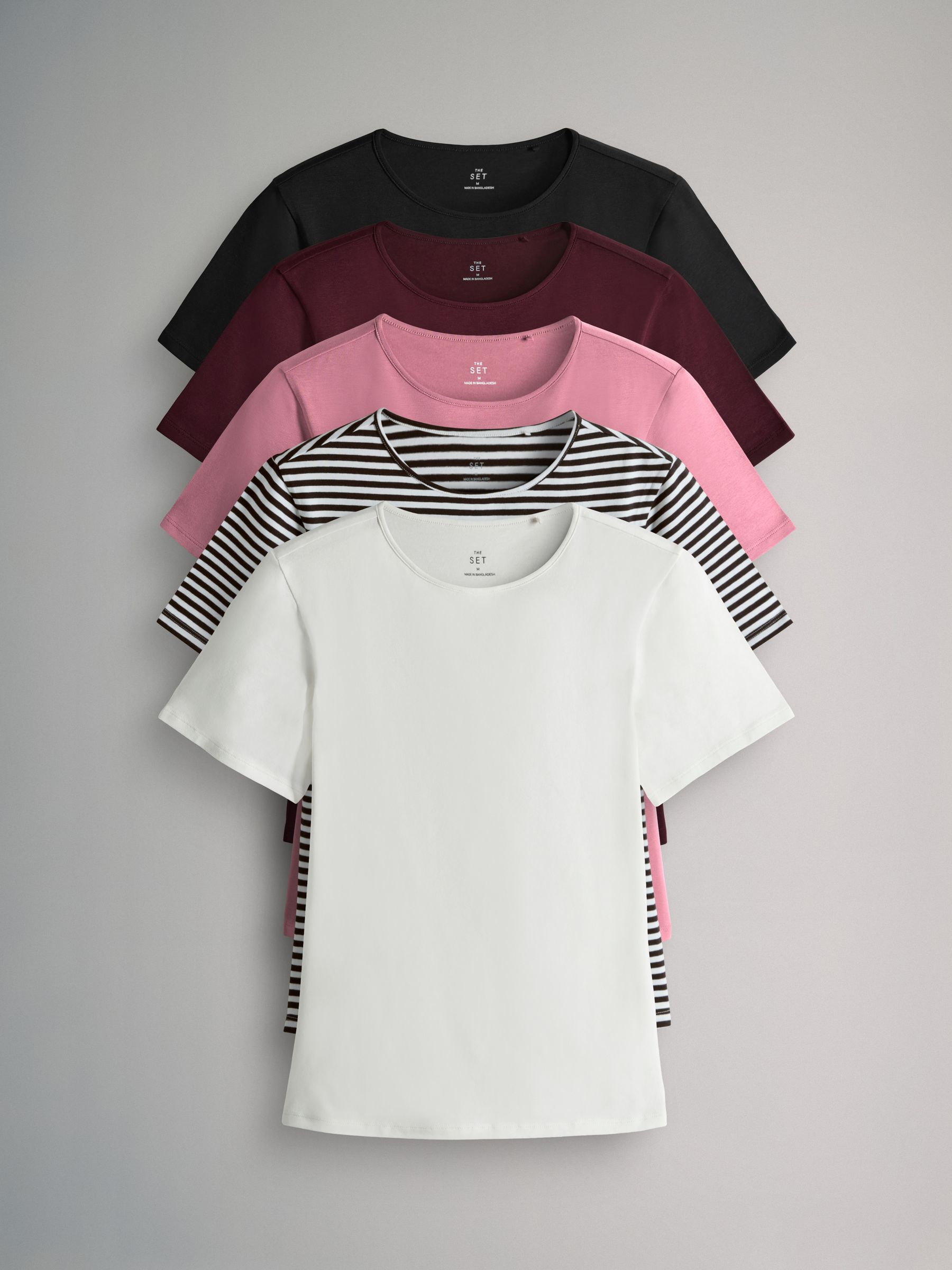 Black/Stripe/Berry/Mid Pink/Cream - 5 Pack Short Sleeve Fitted Crew Neck T-Shirts - Image 1 of 7 Black/Stripe/Berry/Mid Pink/Cream - 5 Pack Short Sleeve Fitted Crew Neck T-Shirts - Image 1 of 7